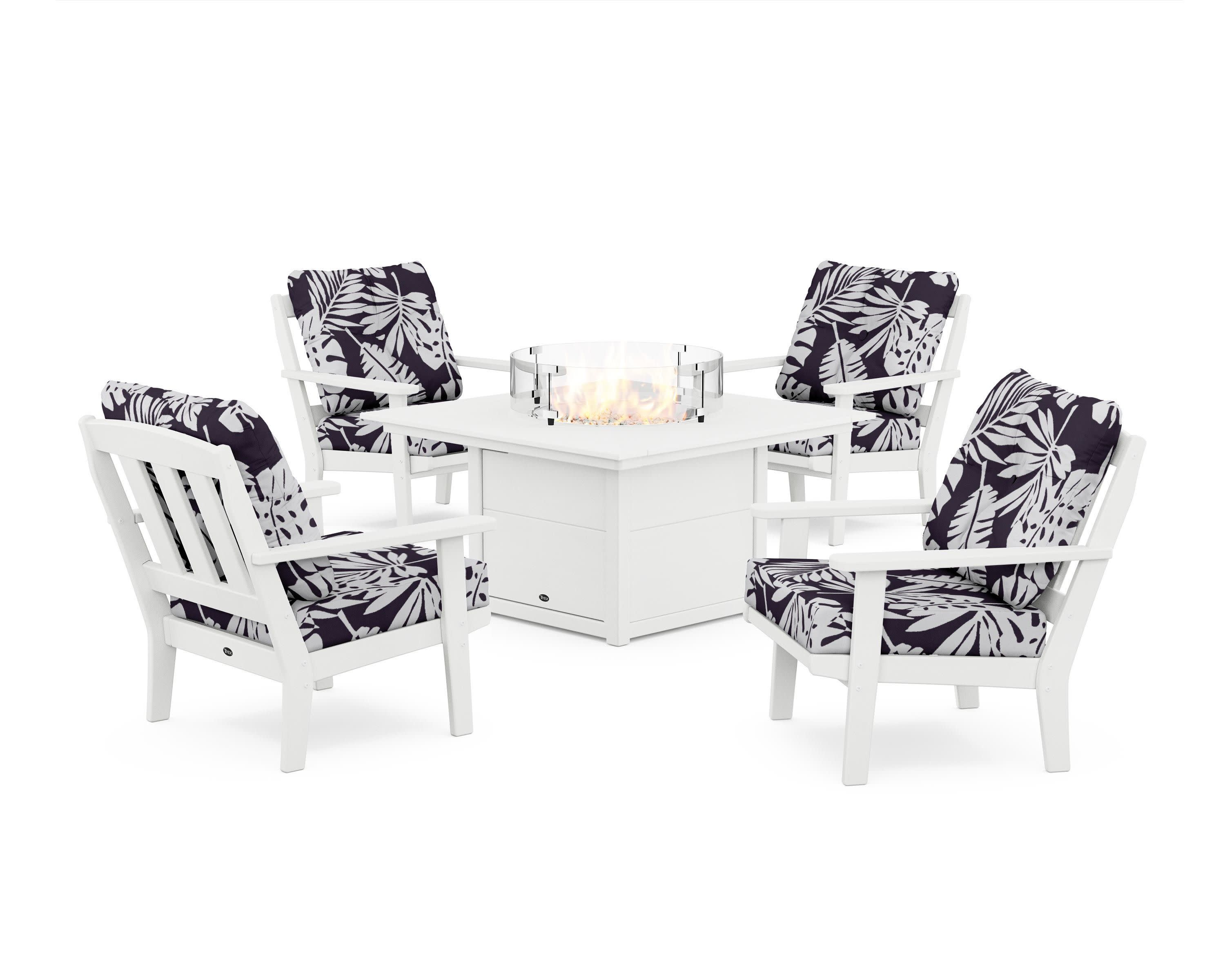 Cape Cod 5-Piece Deep Seating Set with Fire Pit Table in Classic White / Leaf Navy