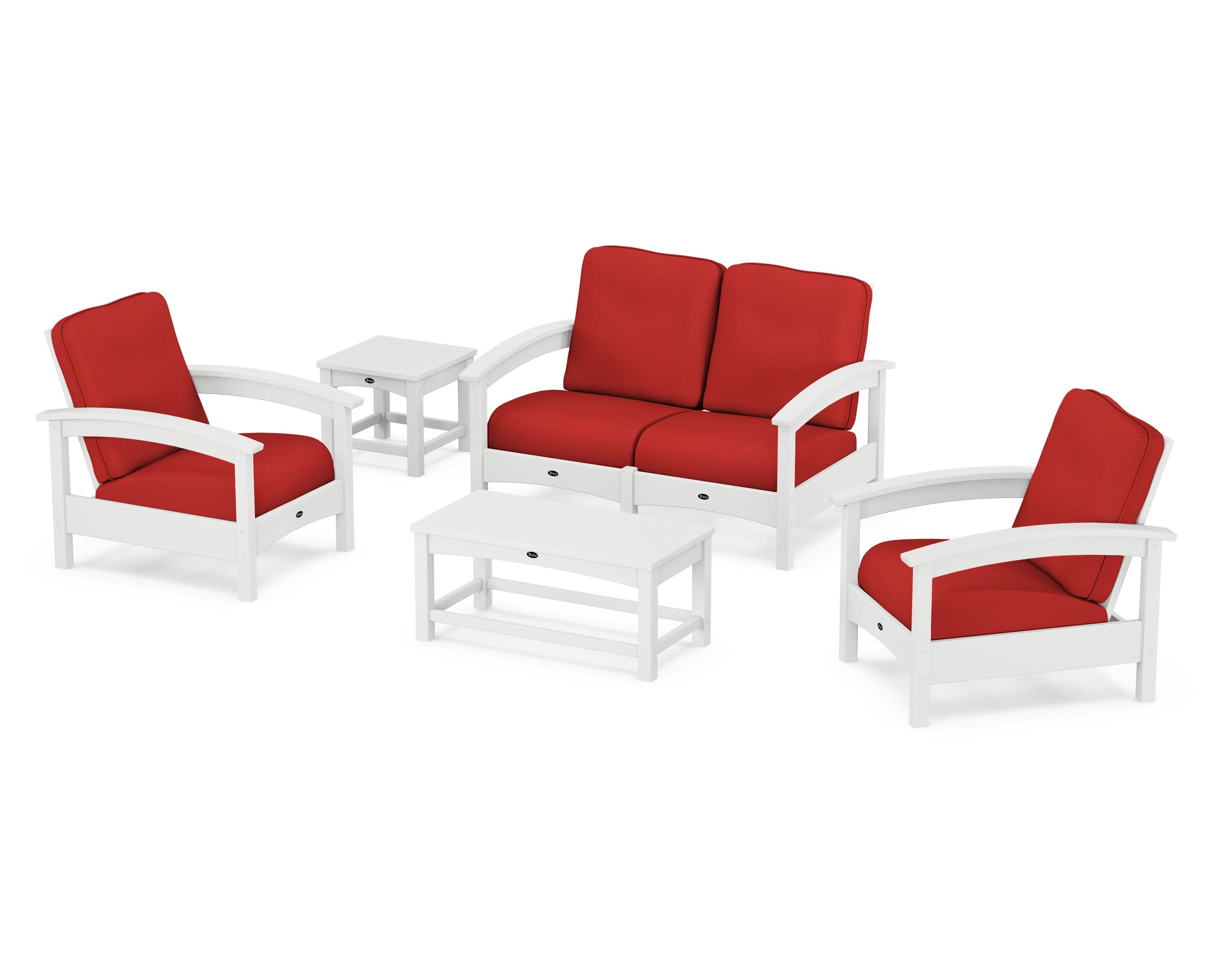 Rockport Club 6-Piece Deep Seating Conversation Set in Classic White / Crimson Linen