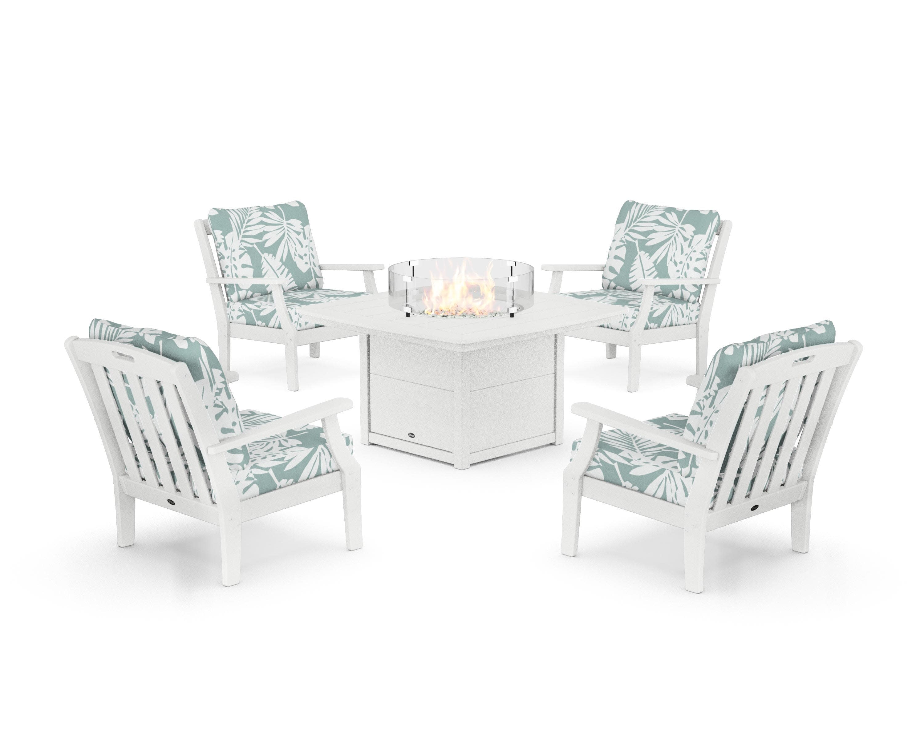 Yacht Club 5-Piece Deep Seating Set with Fire Pit Table in Classic White / Leaf Glacier Spa