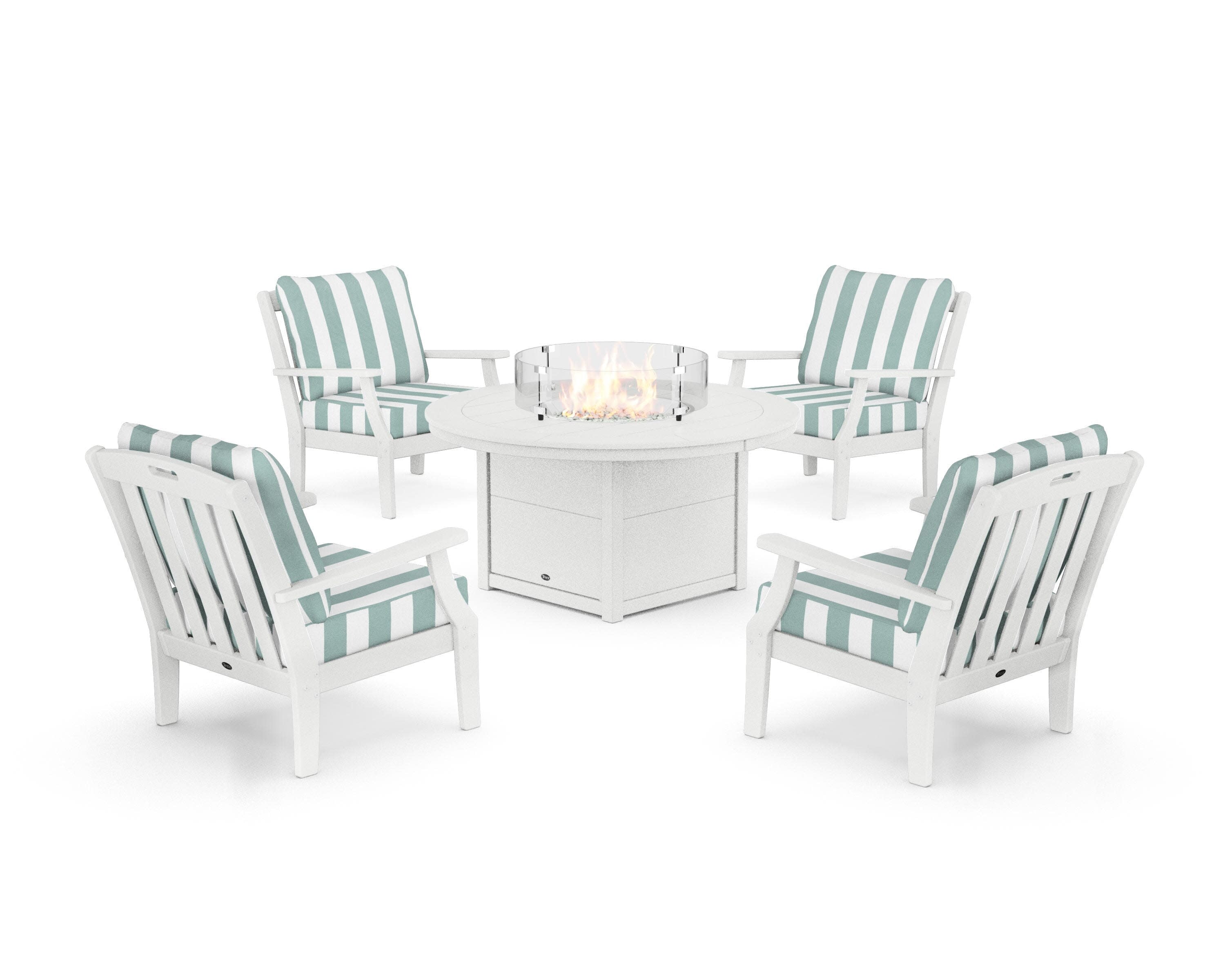 Yacht Club 5-Piece Deep Seating Set with Round Fire Pit Table in Classic White / Cabana Stripe Glacier Spa