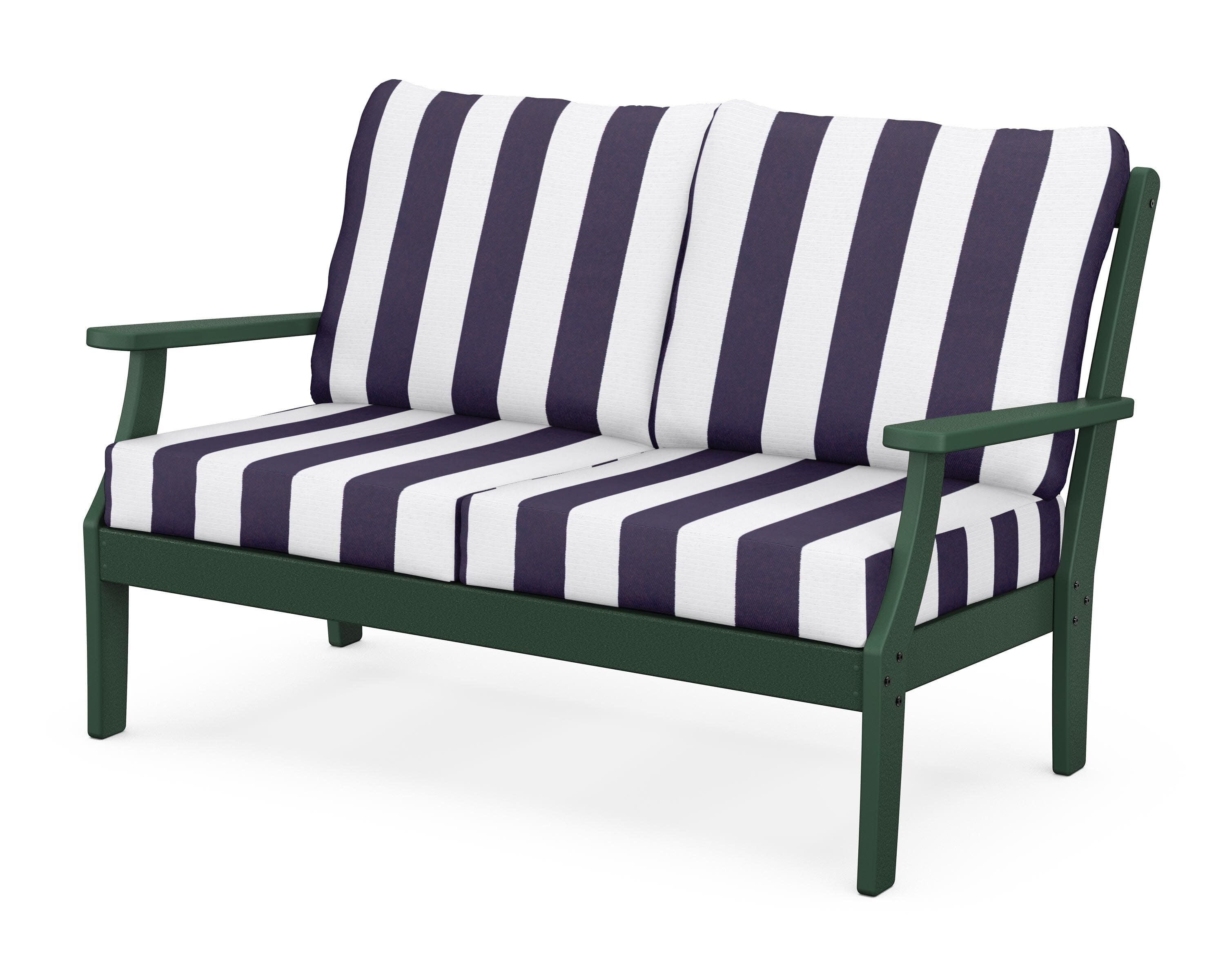 Yacht Club Deep Seating Loveseat in Rainforest Canopy / Cabana Stripe Navy