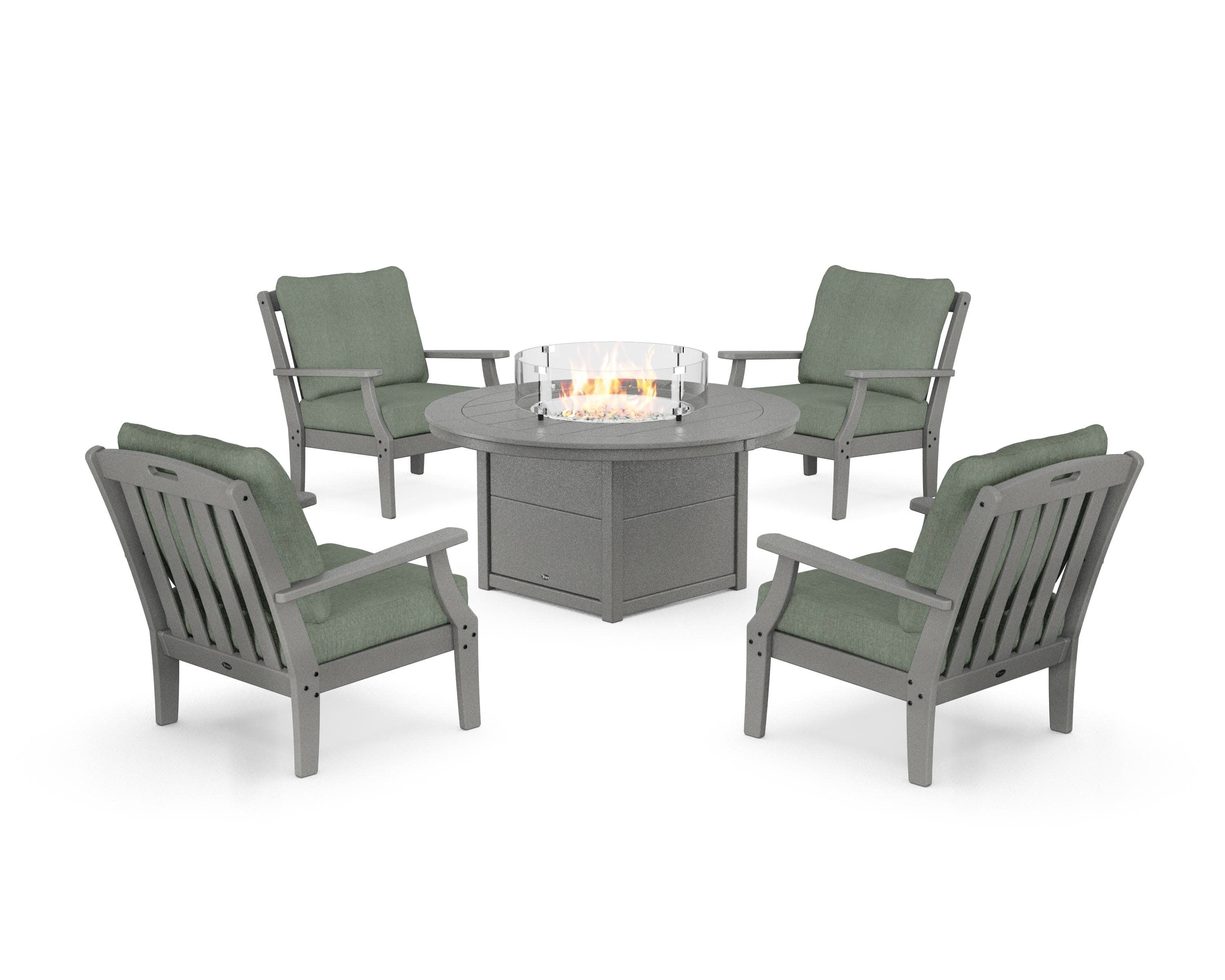 Yacht Club 5-Piece Deep Seating Set with Round Fire Pit Table in Stepping Stone / Cast Sage