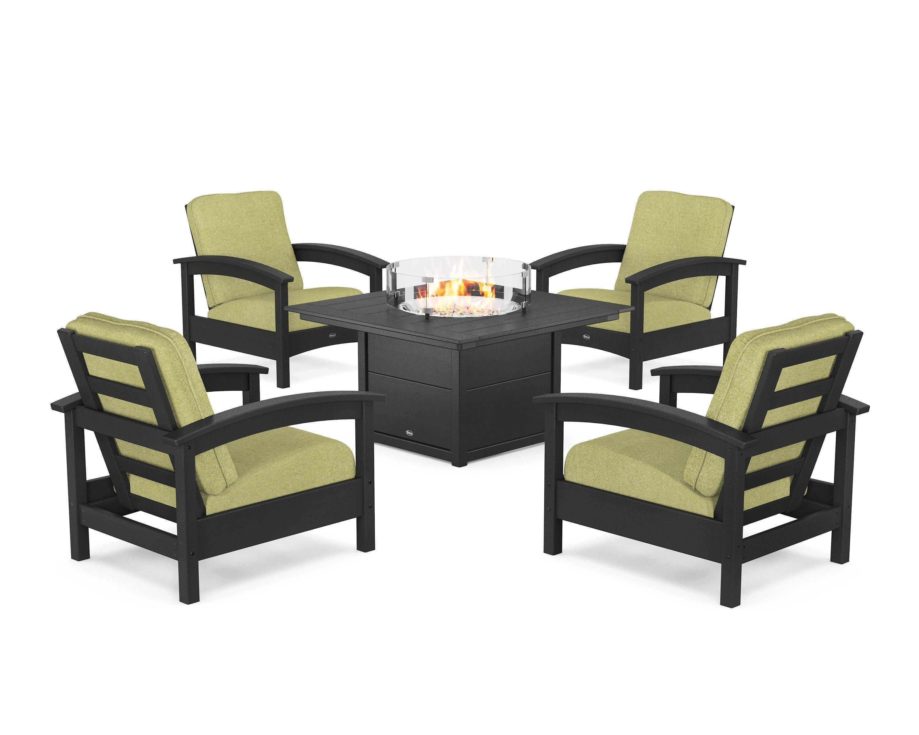 Rockport 5-Piece Deep Seating Set with Square Fire Pit Table in Charcoal Black / Chartreuse Boucle