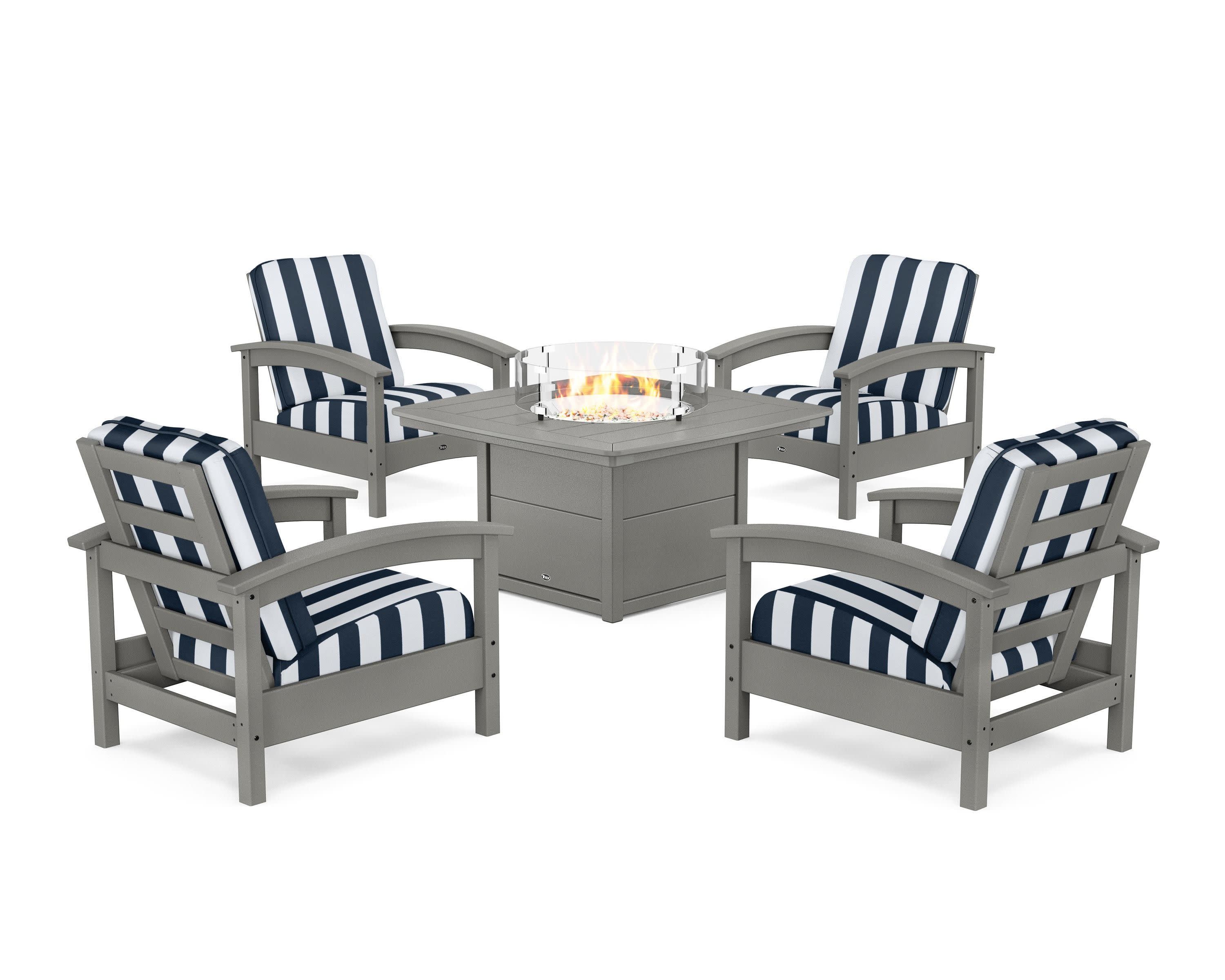 Rockport 5-Piece Deep Seating Set with Yacht Club Fire Pit Table in Stepping Stone / Cabana Stripe Marine Indigo