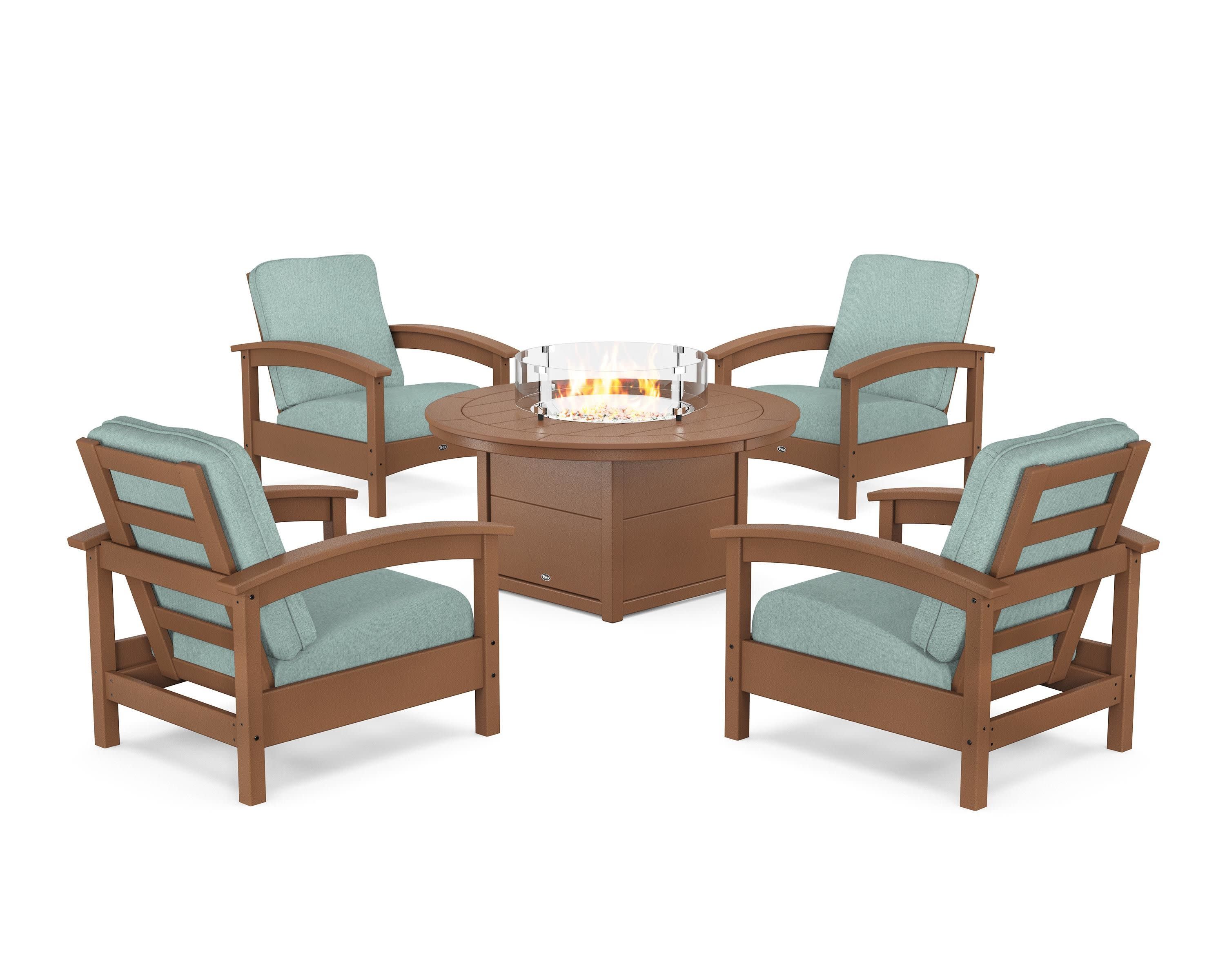 Rockport 5-Piece Deep Seating Set with Round Fire Pit Table in Tree House / Glacier Spa