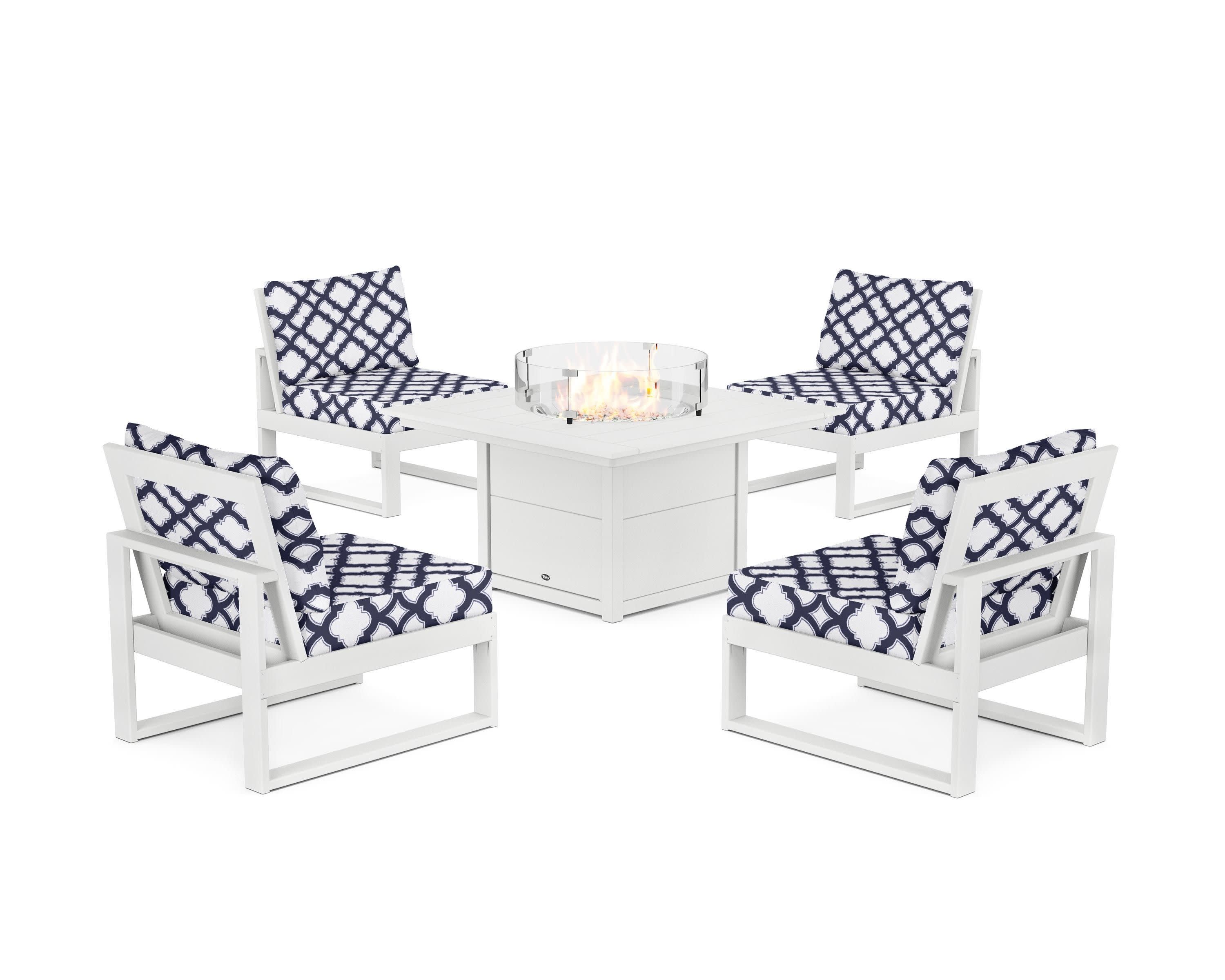 Eastport Modular 5-Piece Deep Seating Set with Square Fire Pit Table in Classic White / Trellis Navy
