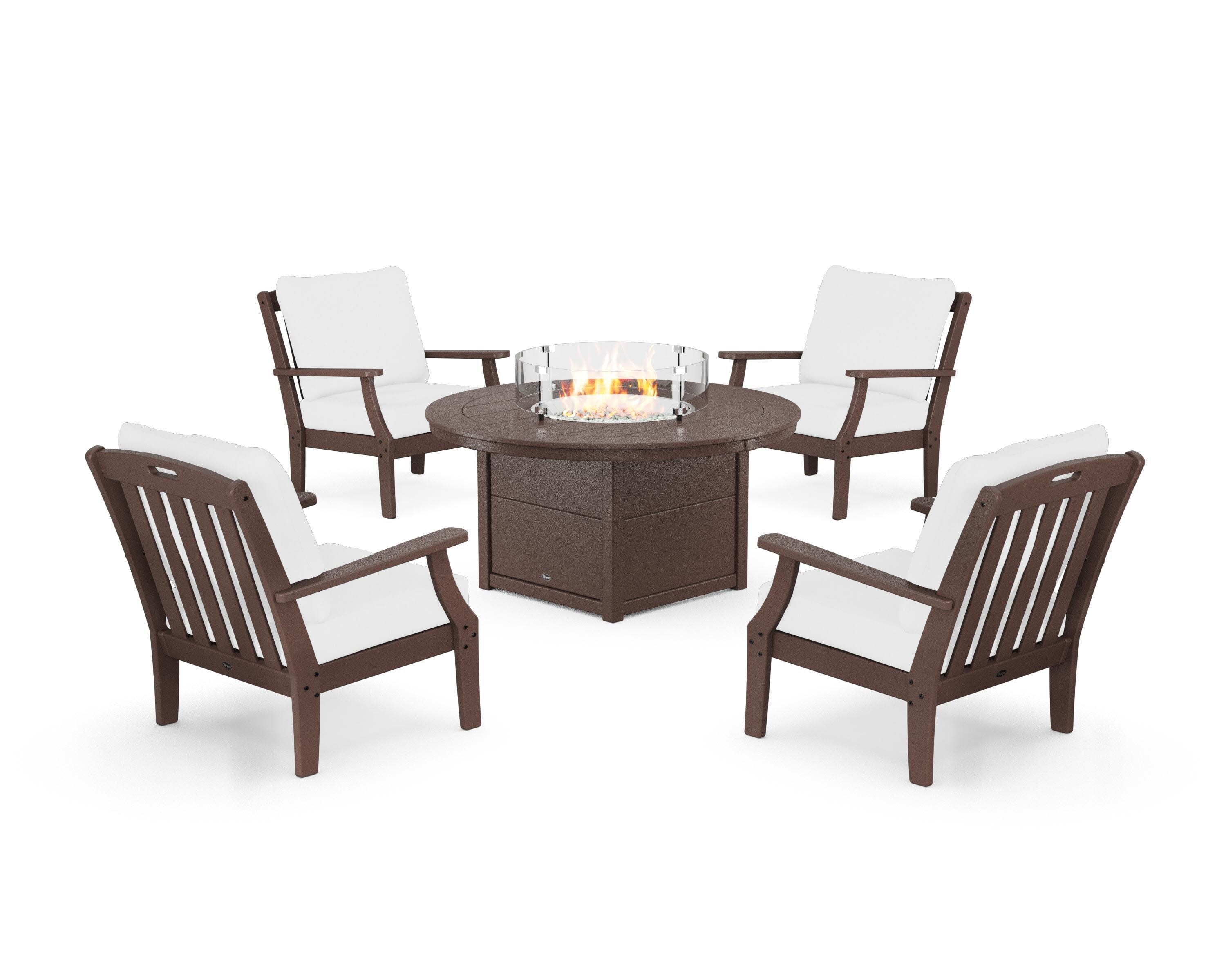 Yacht Club 5-Piece Deep Seating Set with Round Fire Pit Table in Vintage Lantern / Natural
