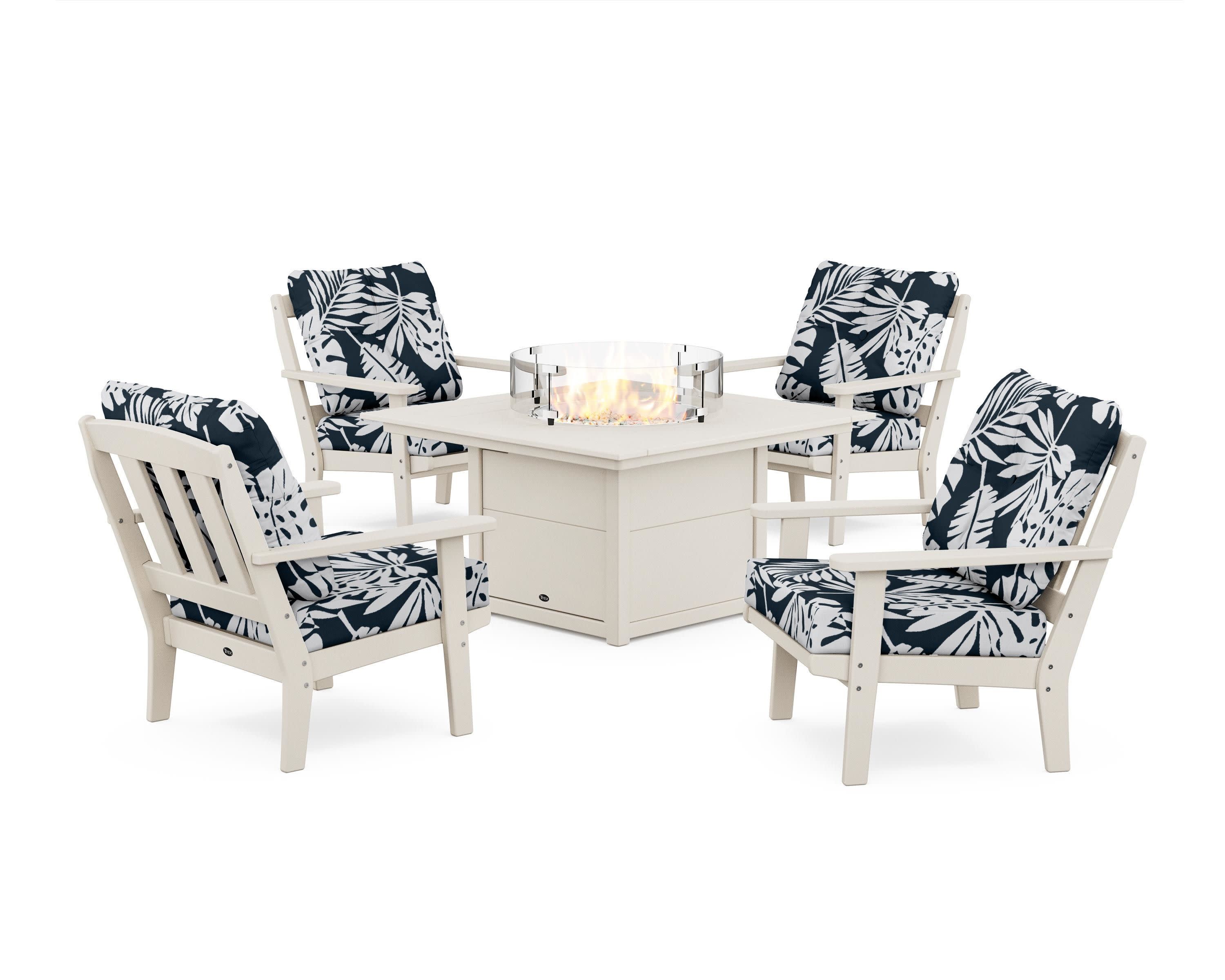 Cape Cod 5-Piece Deep Seating Set with Fire Pit Table in Sand Castle / Leaf Marine Indigo