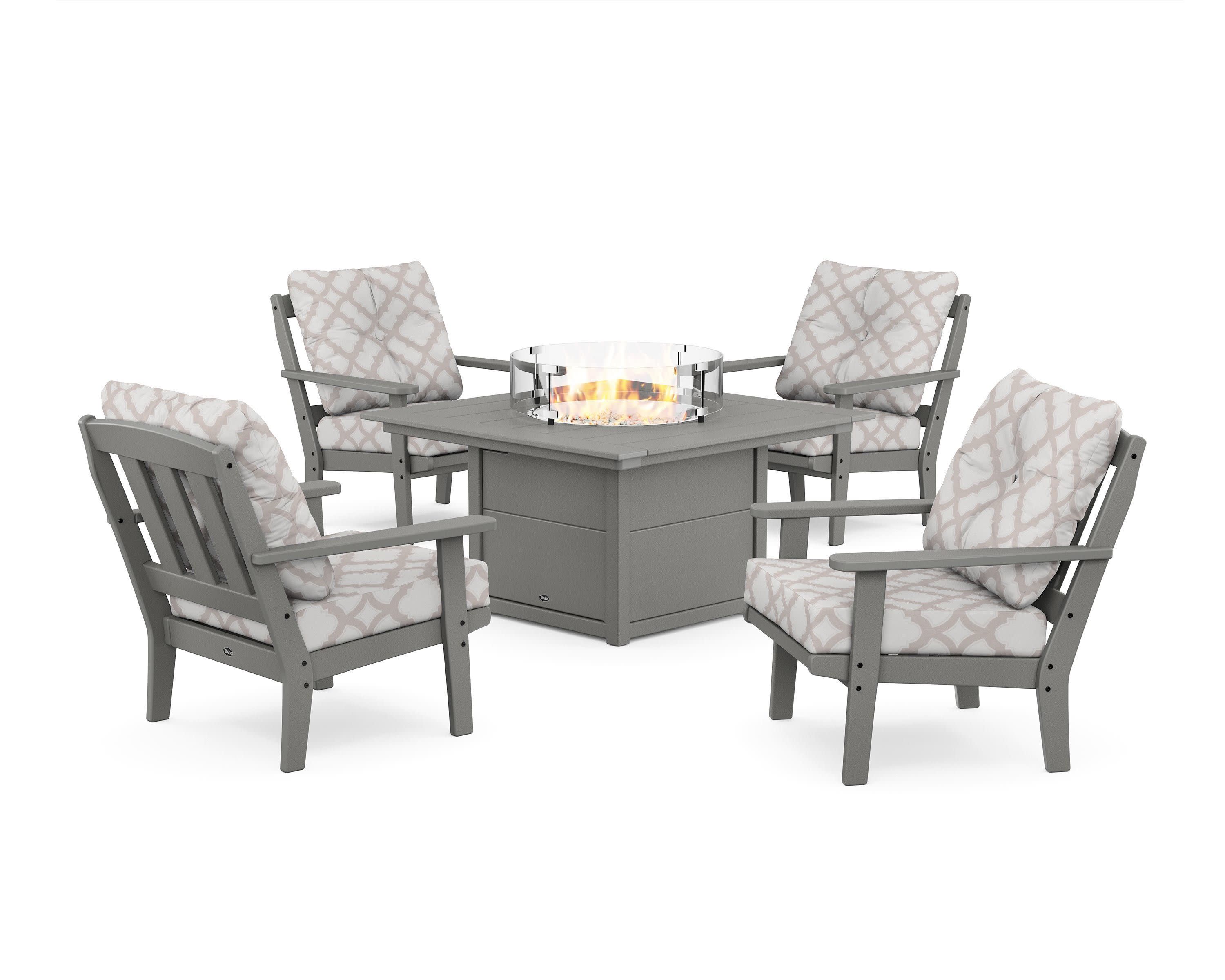 Cape Cod 5-Piece Deep Seating Set with Fire Pit Table in Stepping Stone / Trellis Dune Burlap