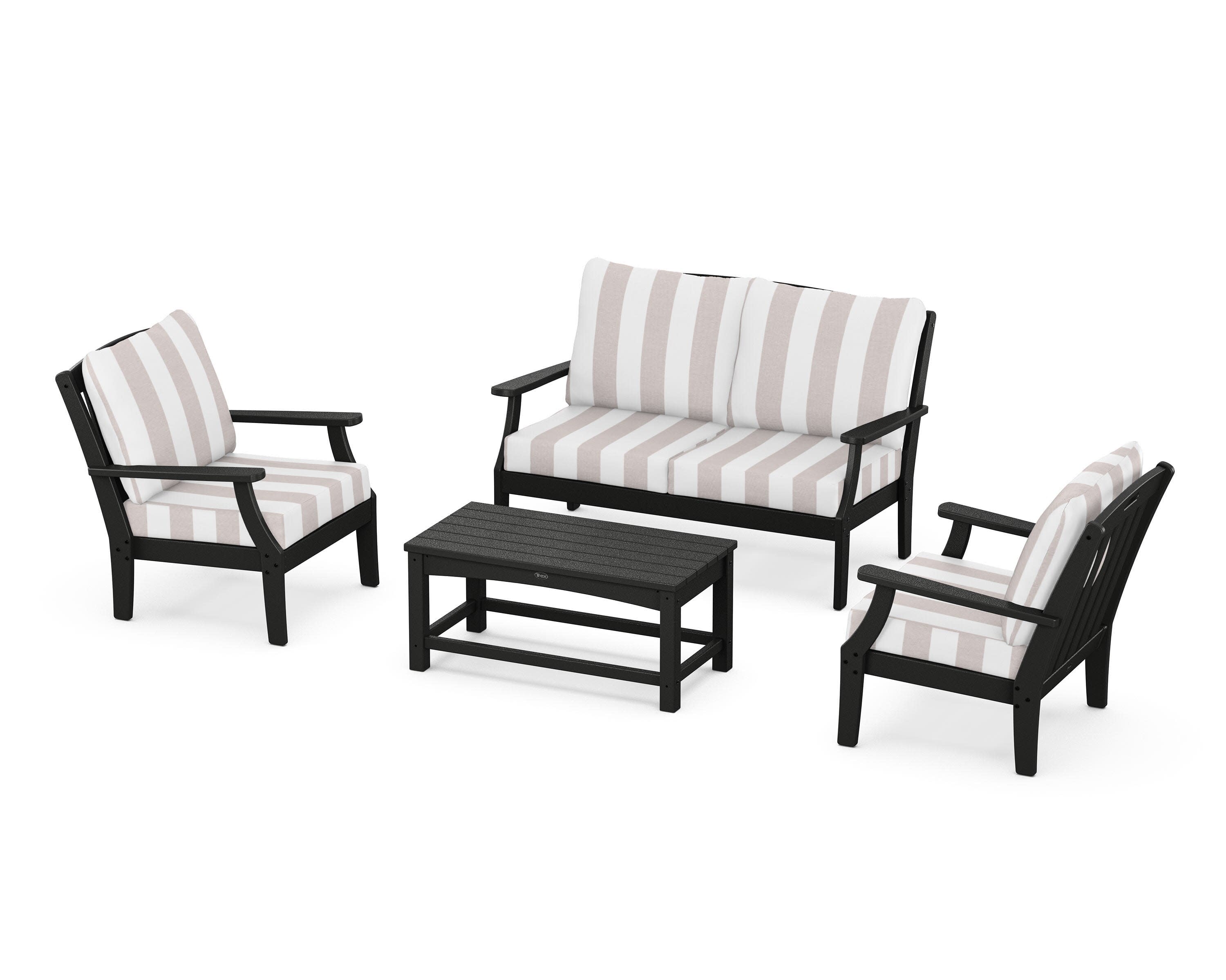 Yacht Club 4-Piece Deep Seating Chair Set in Charcoal Black / Cabana Stripe Dune Burlap