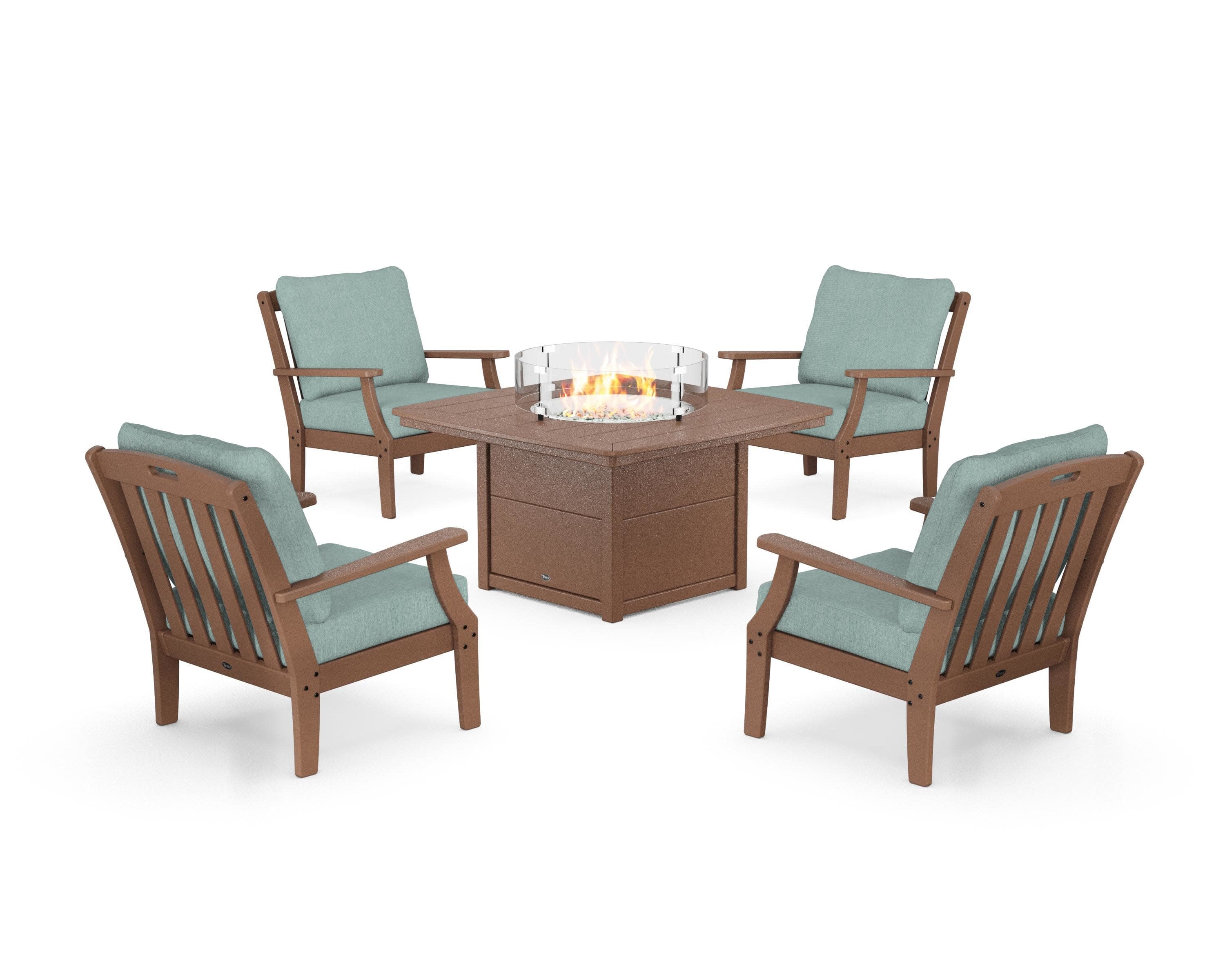 Yacht Club 5-Piece Deep Seating Set with Fire Pit Table in Tree House / Glacier Spa