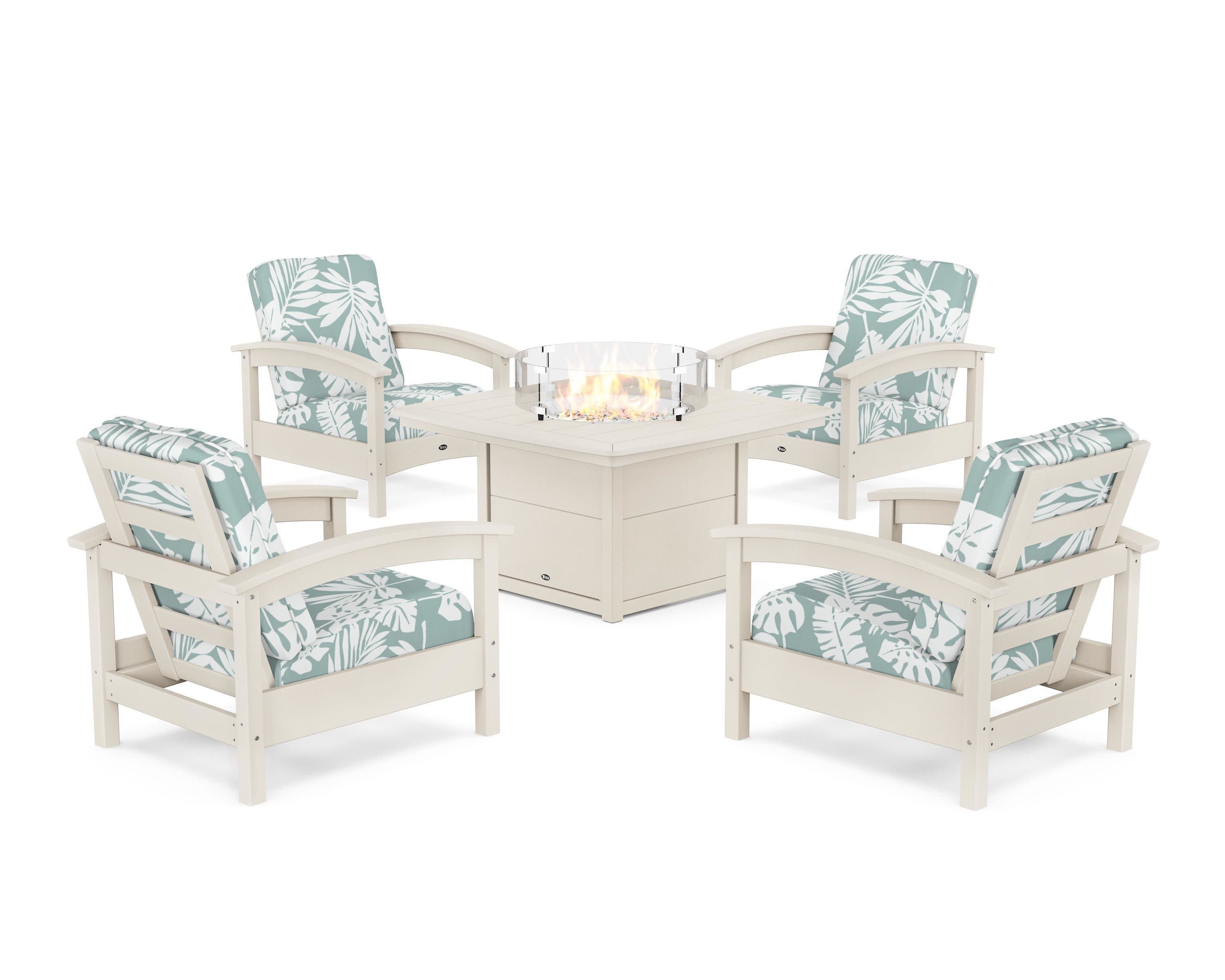 Rockport 5-Piece Deep Seating Set with Yacht Club Fire Pit Table in Sand Castle / Leaf Glacier Spa