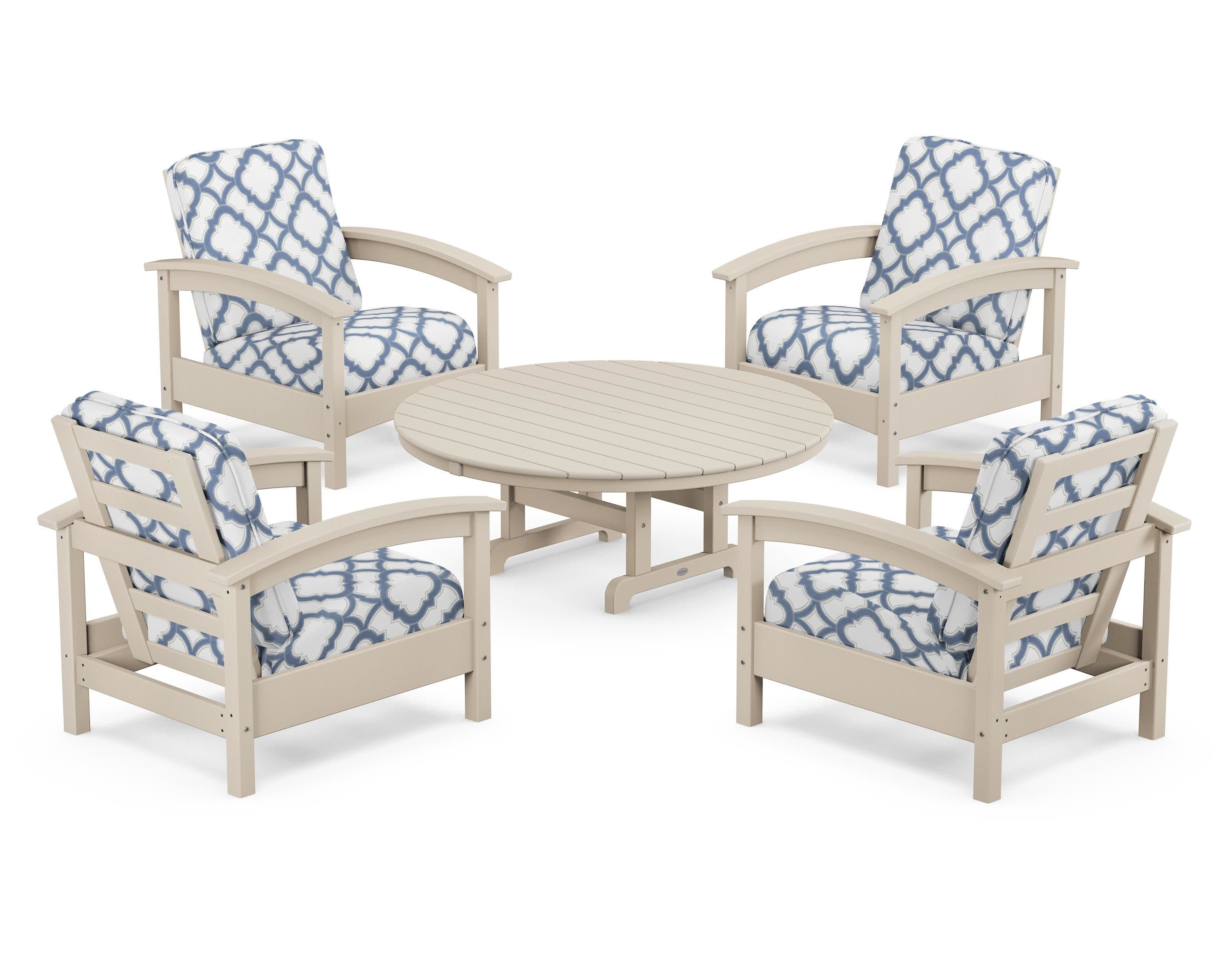 Rockport 5-Piece Deep Seating Set in Sand Castle / Trellis Sky Blue