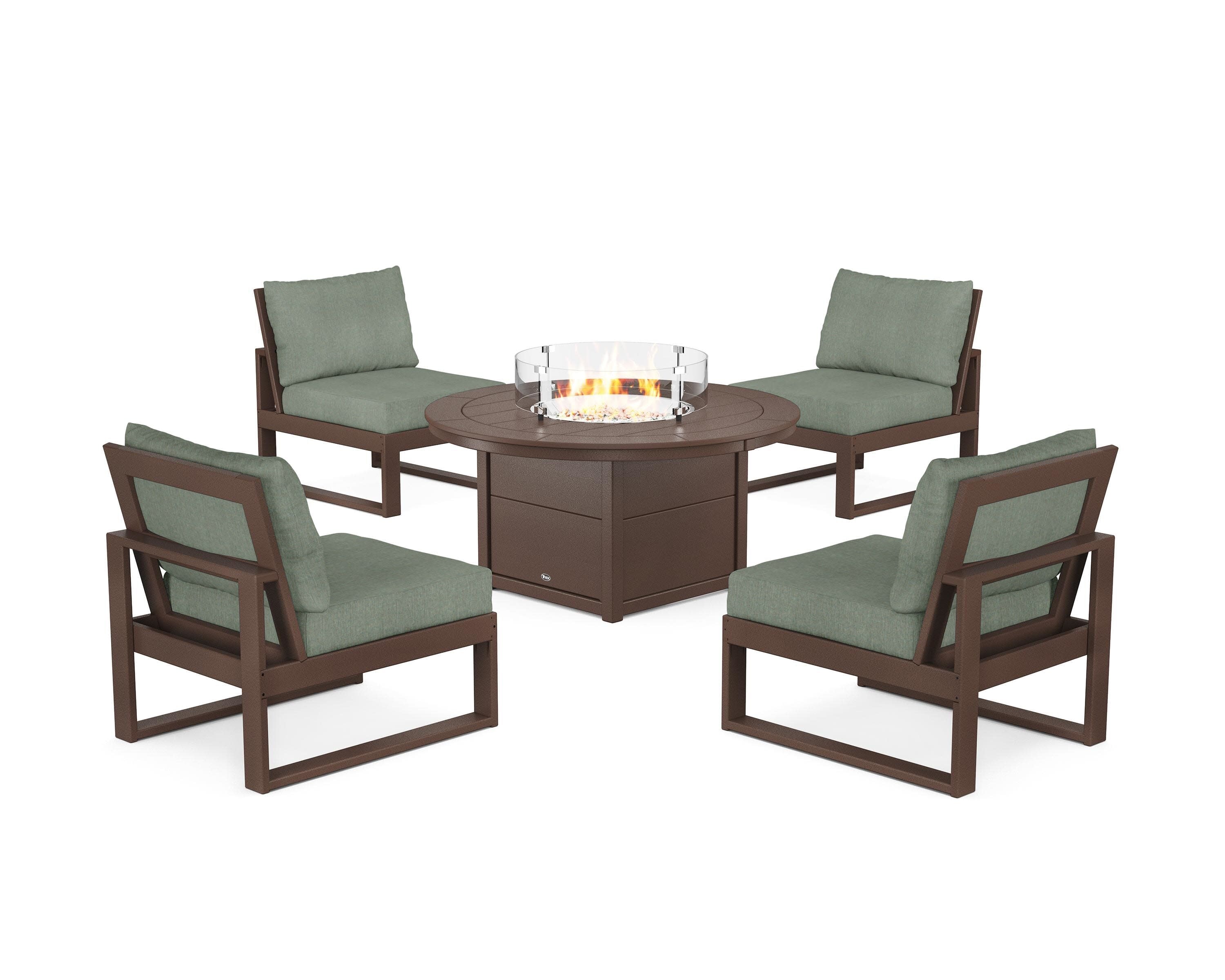 Eastport Modular 5-Piece Deep Seating Set with Round Fire Pit Table in Vintage Lantern / Cast Sage