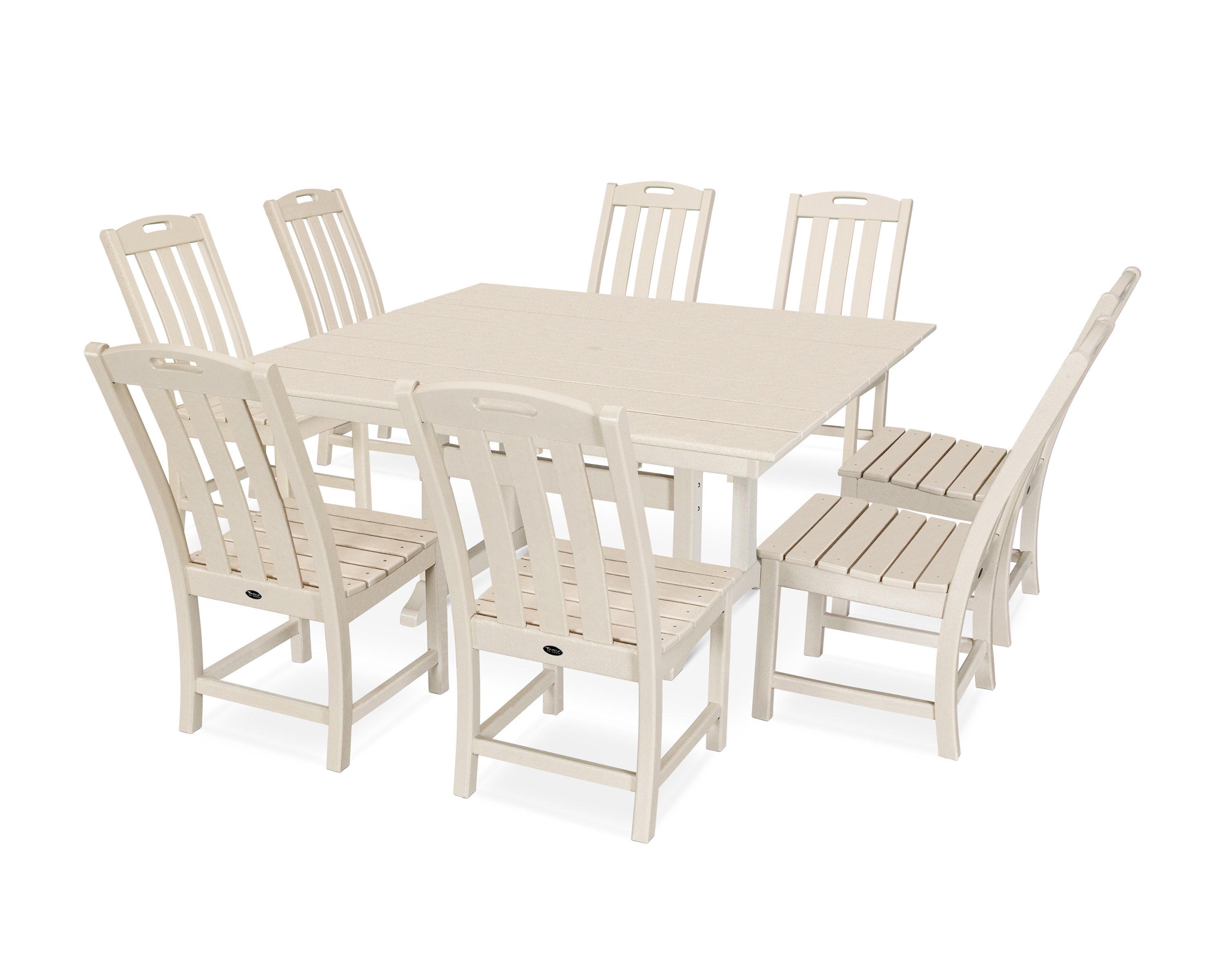 Yacht Club 9-Piece Farmhouse Trestle Side Chair Dining Set in Sand Castle