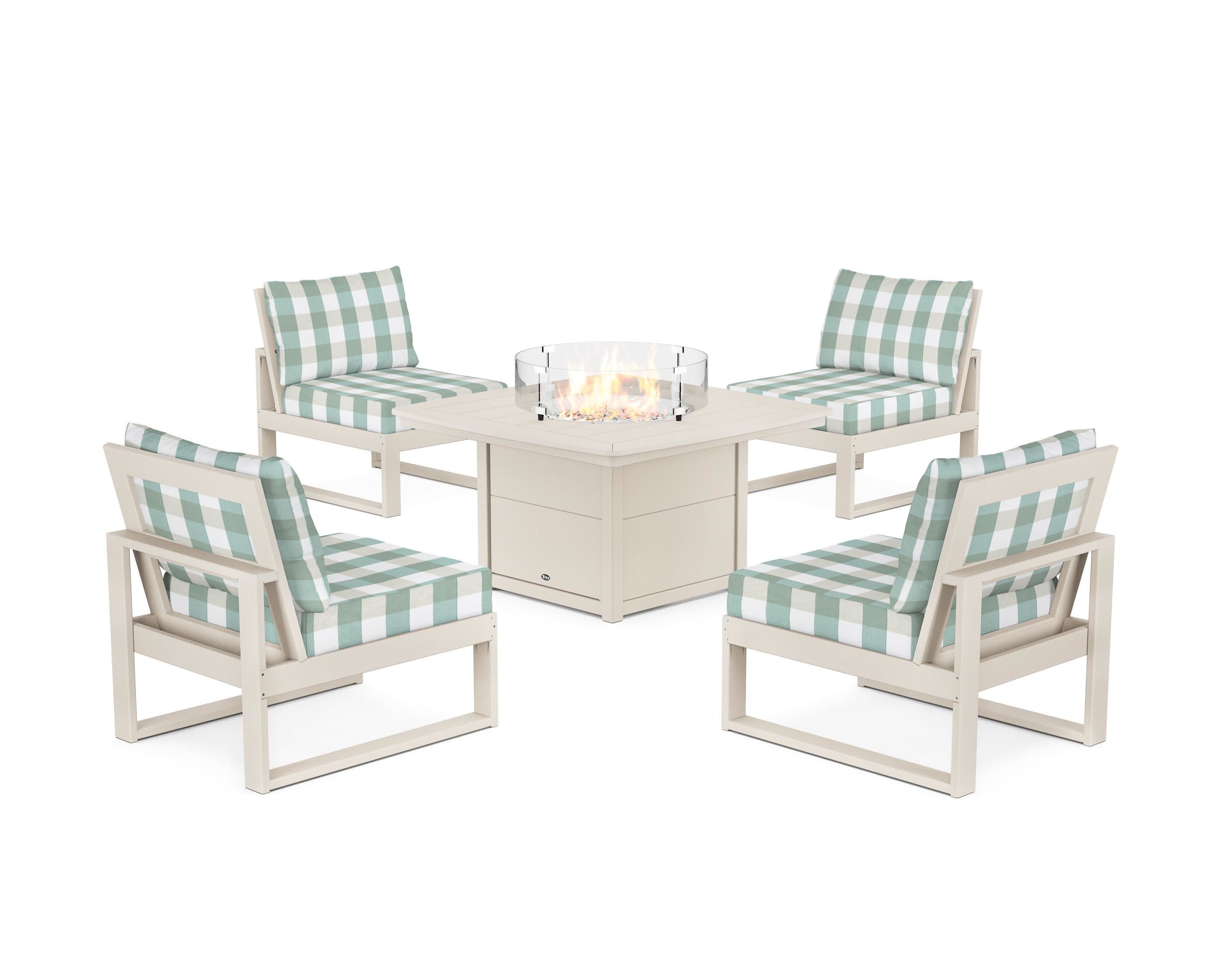 Eastport Modular 5-Piece Deep Seating Set with Yacht Club Fire Pit Table in Sand Castle / Buffalo Plaid Glacier Spa