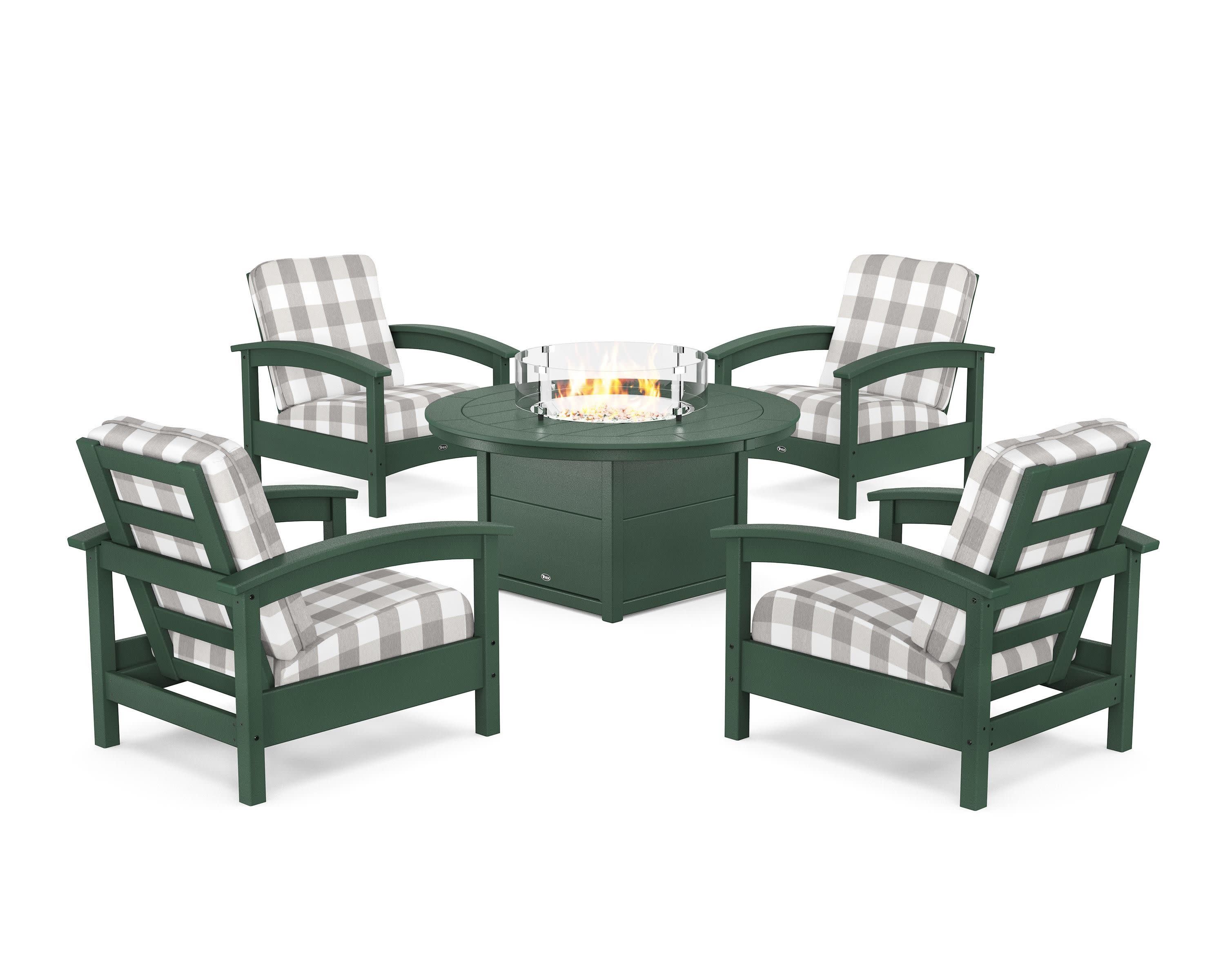 Rockport 5-Piece Deep Seating Set with Round Fire Pit Table in Rainforest Canopy / Buffalo Plaid Grey Mist