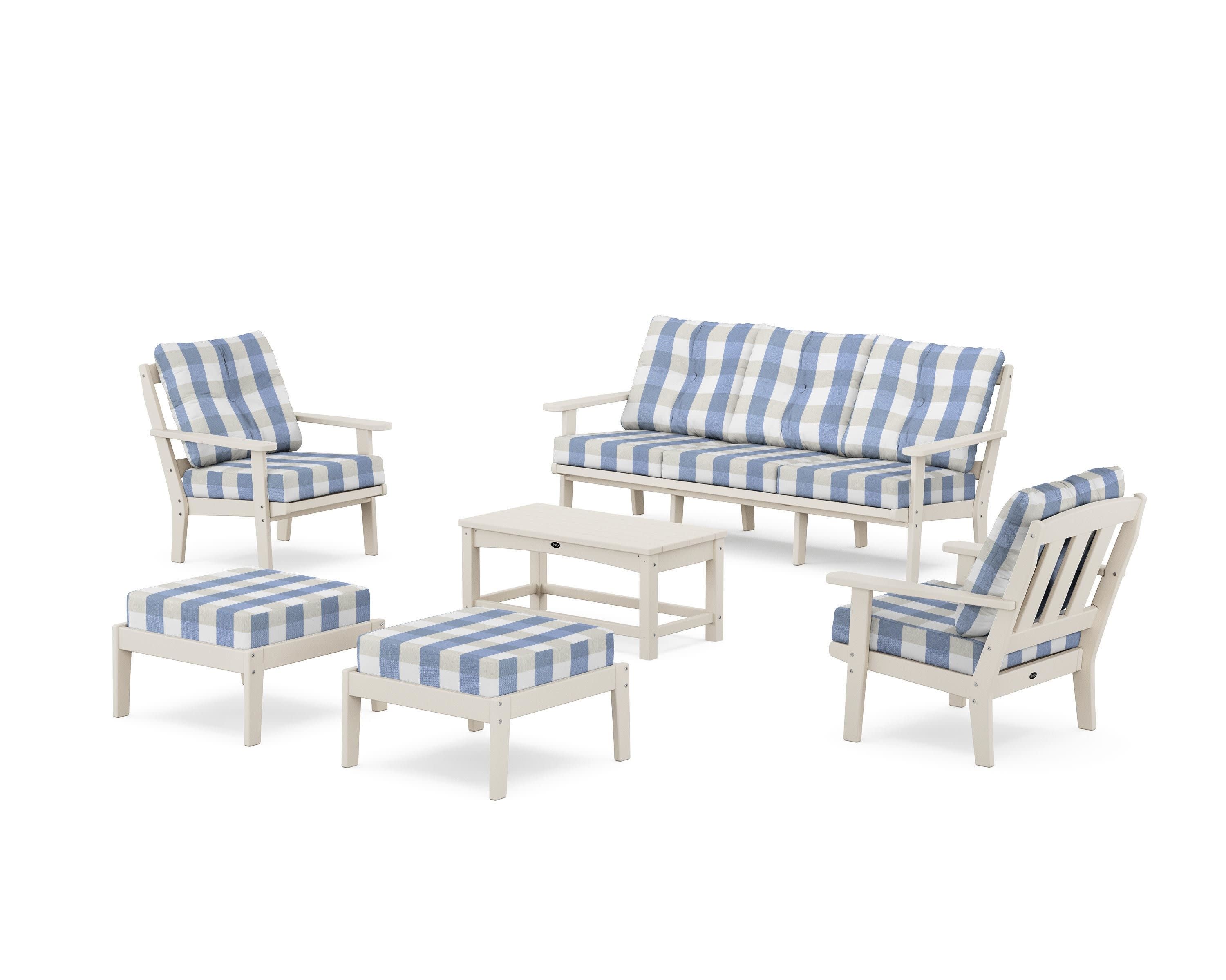Cape Cod 6-Piece Lounge Sofa Set in Sand Castle / Buffalo Plaid Sky Blue