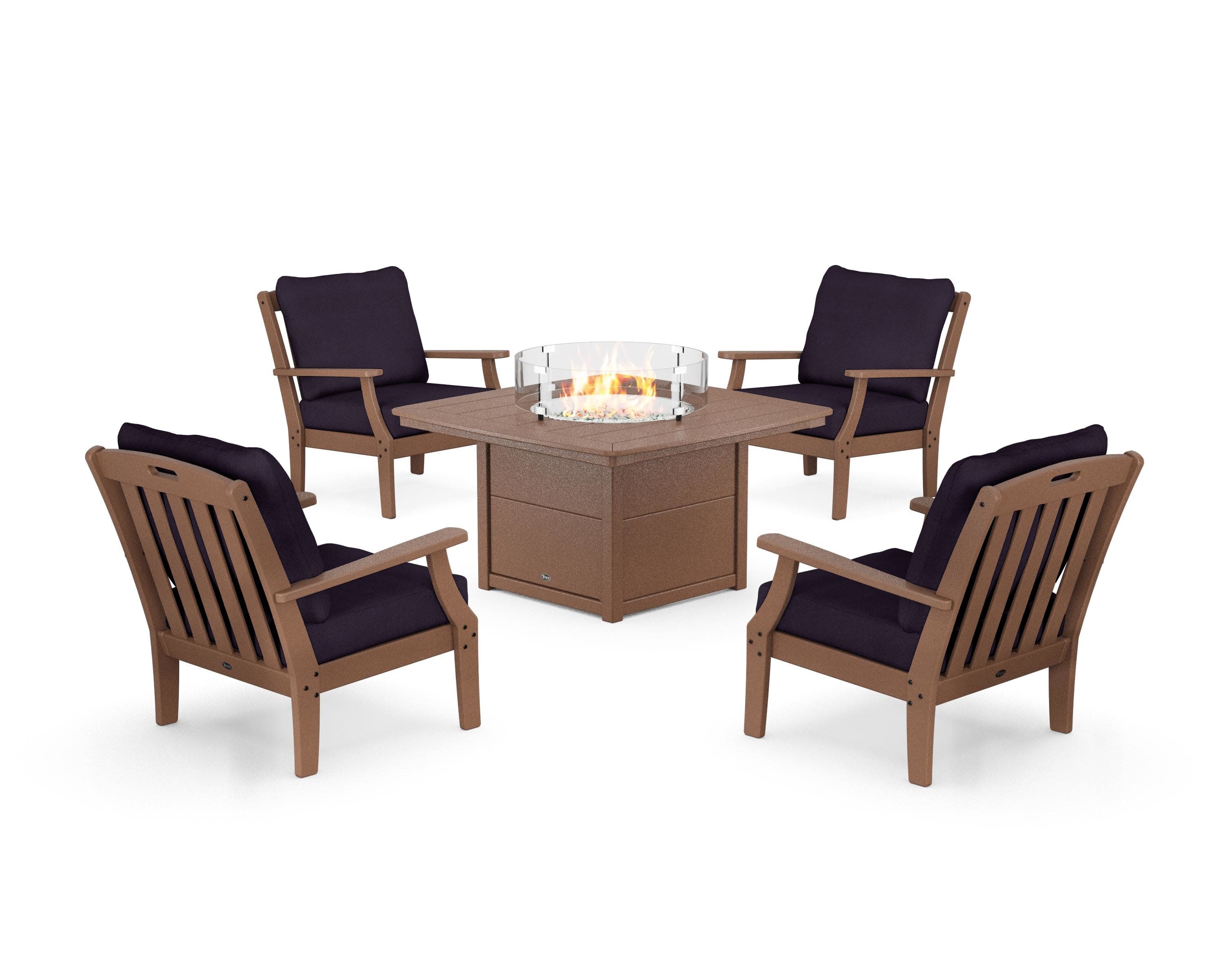 Yacht Club 5-Piece Deep Seating Set with Fire Pit Table in Tree House / Navy Linen