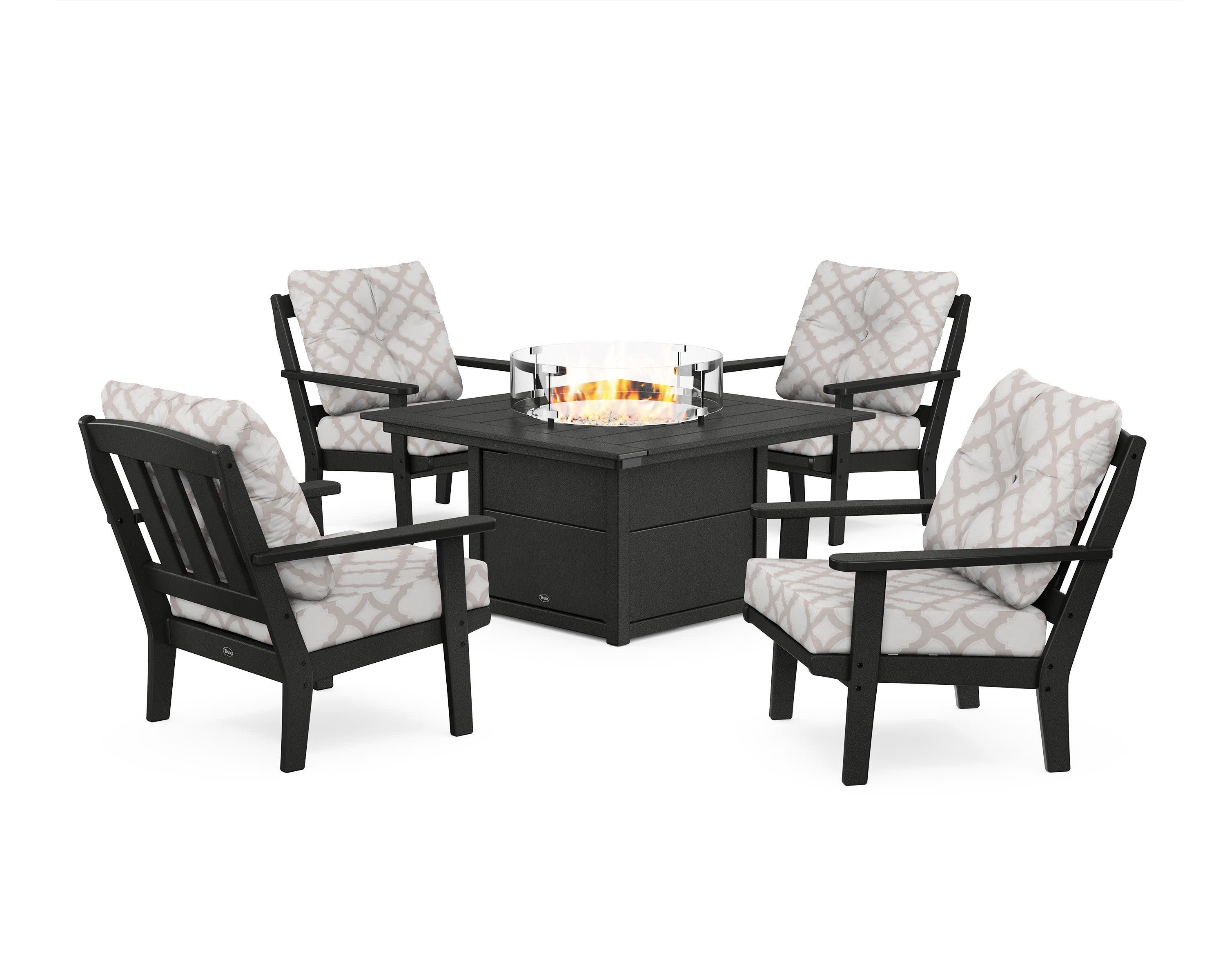 Cape Cod 5-Piece Deep Seating Set with Fire Pit Table in Charcoal Black / Trellis Dune Burlap