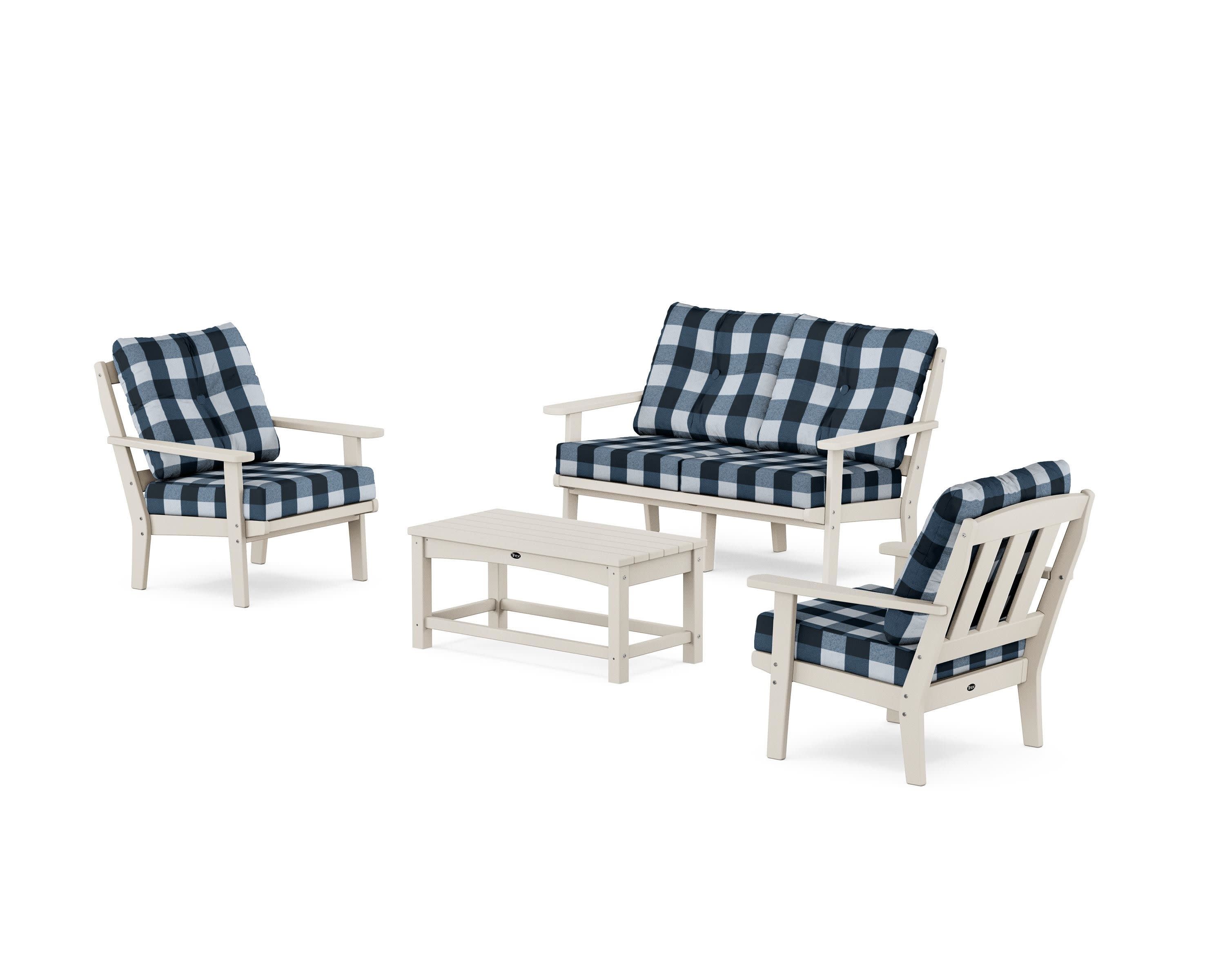 Cape Cod 4-Piece Deep Seating Set with Loveseat in Sand Castle / Buffalo Plaid Marine Indigo