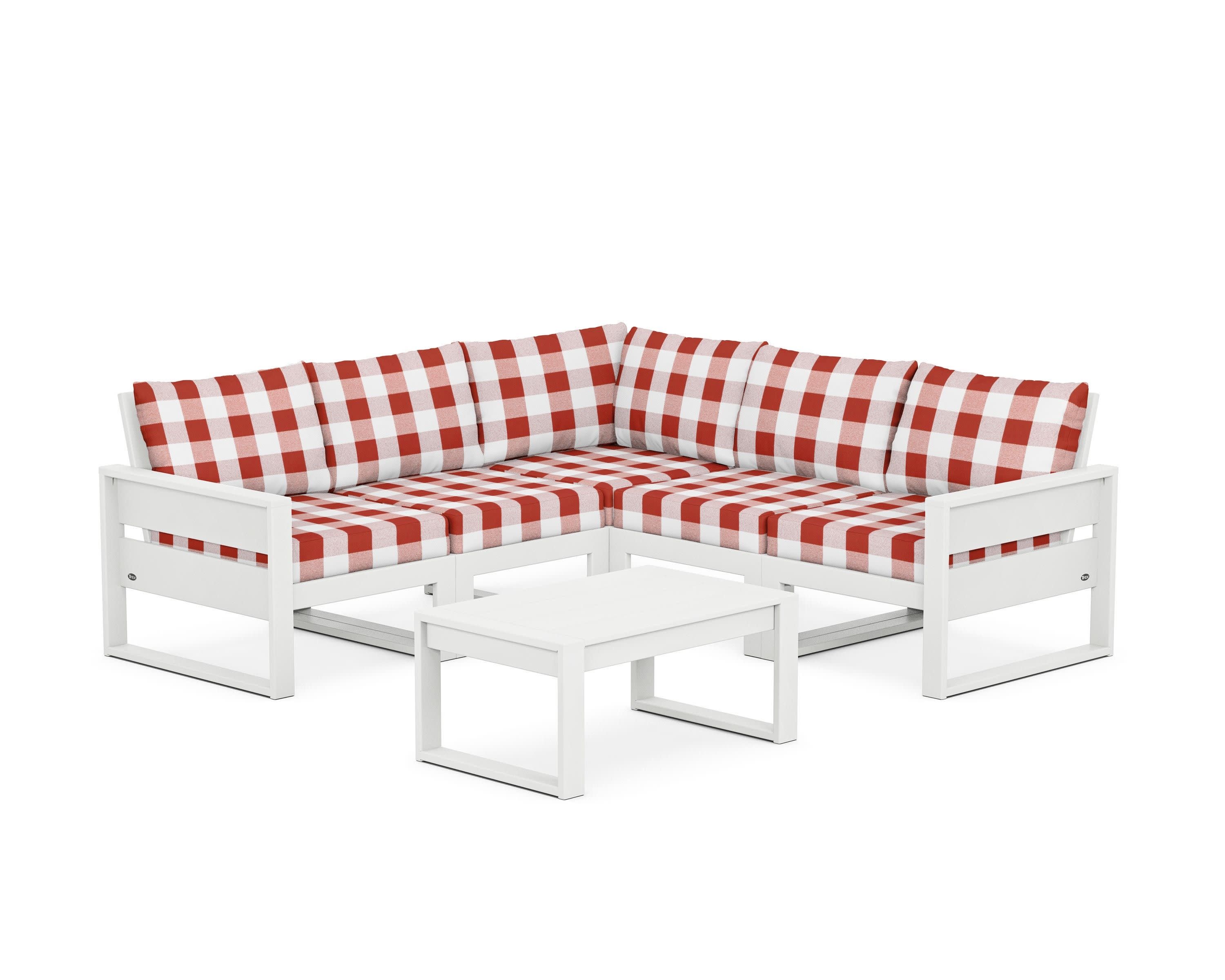 Eastport 6-Piece Deep Seating Sectional + Coffee Table Set in Classic White / Buffalo Plaid Crimson
