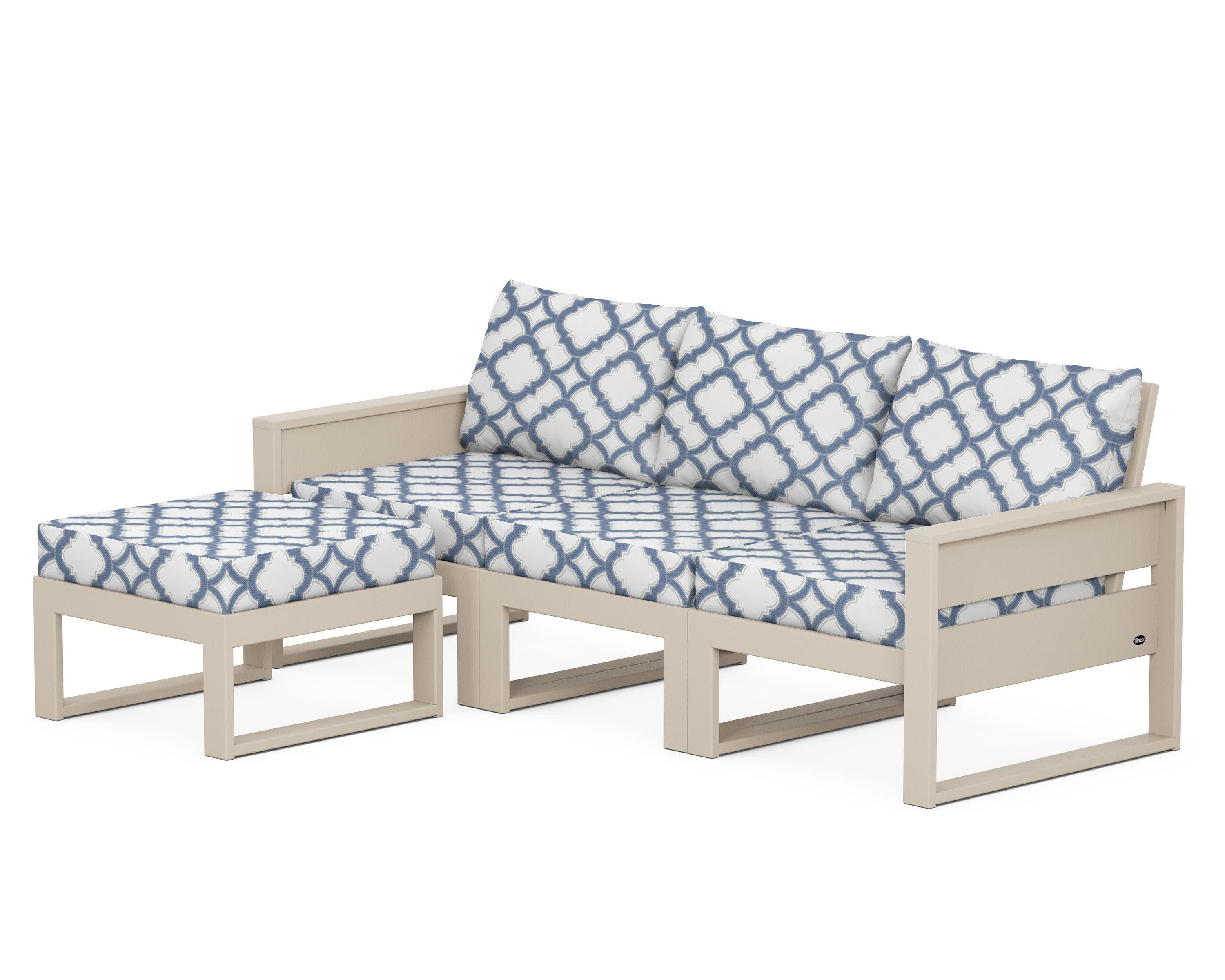 Eastport 4- Piece Sectional with Ottoman in Sand Castle / Trellis Sky Blue