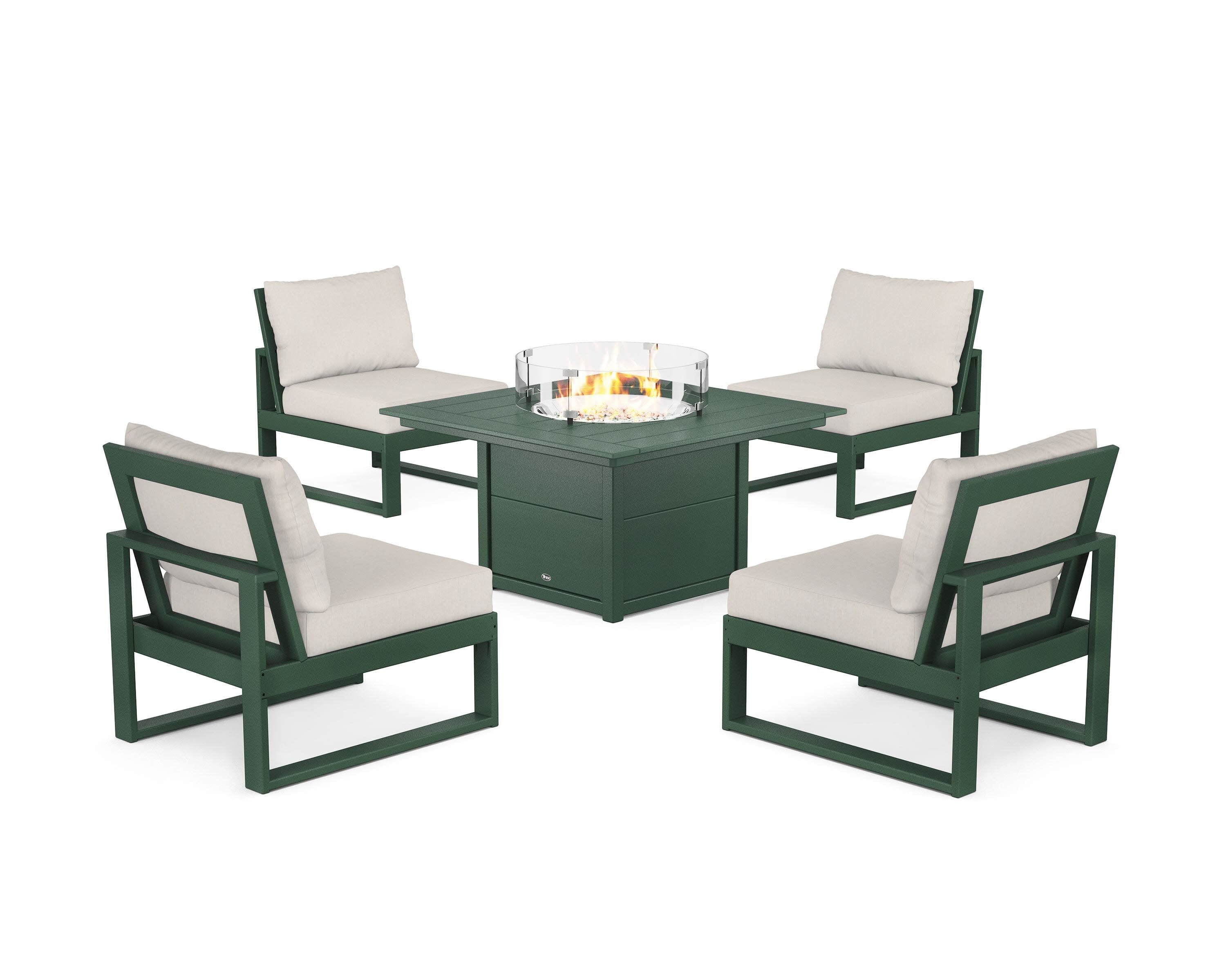 Eastport Modular 5-Piece Deep Seating Set with Square Fire Pit Table in Rainforest Canopy / Cast Ash