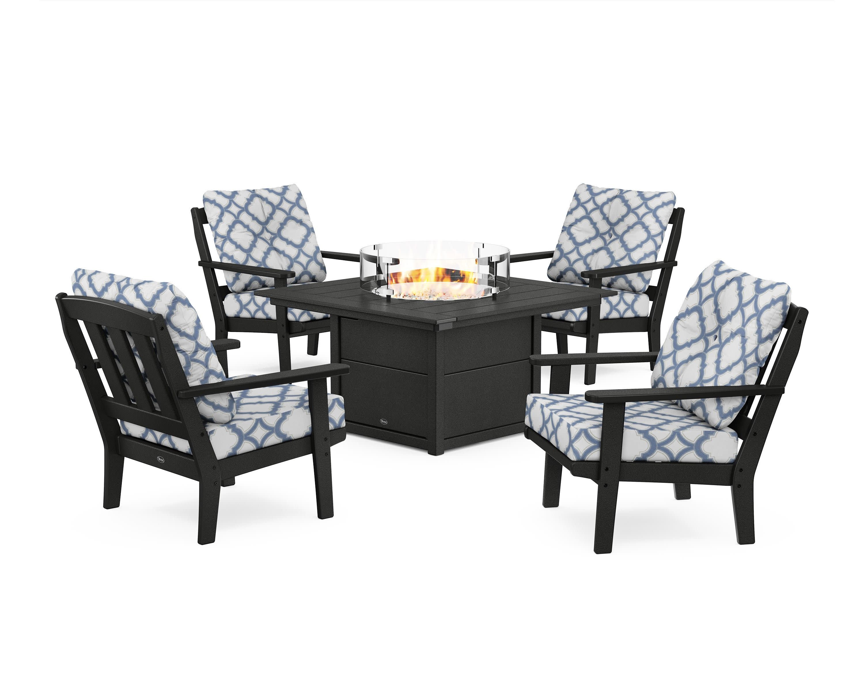 Cape Cod 5-Piece Deep Seating Set with Fire Pit Table in Charcoal Black / Trellis Sky Blue