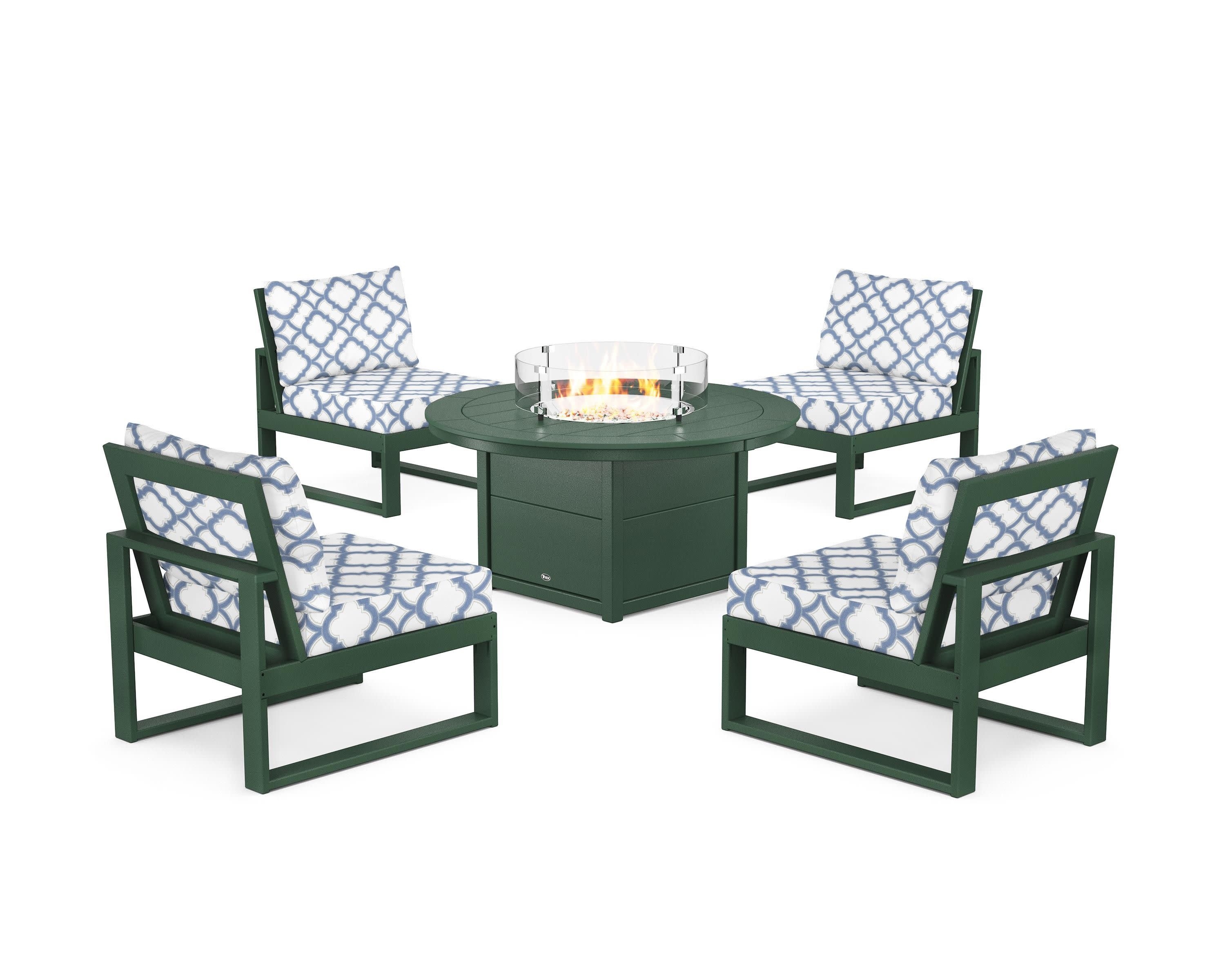 Eastport Modular 5-Piece Deep Seating Set with Round Fire Pit Table in Rainforest Canopy / Trellis Sky Blue