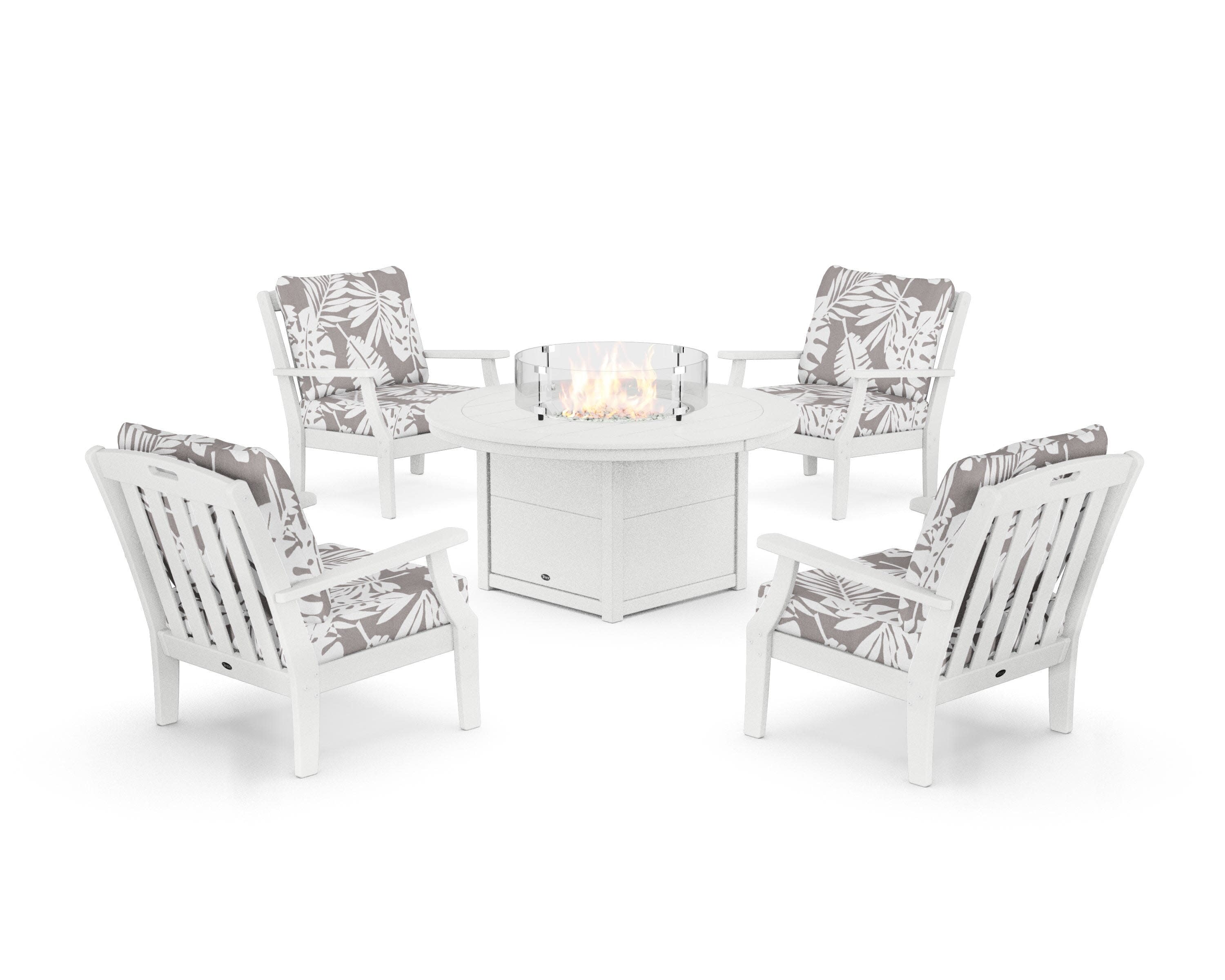 Yacht Club 5-Piece Deep Seating Set with Round Fire Pit Table in Classic White / Leaf Grey Mist