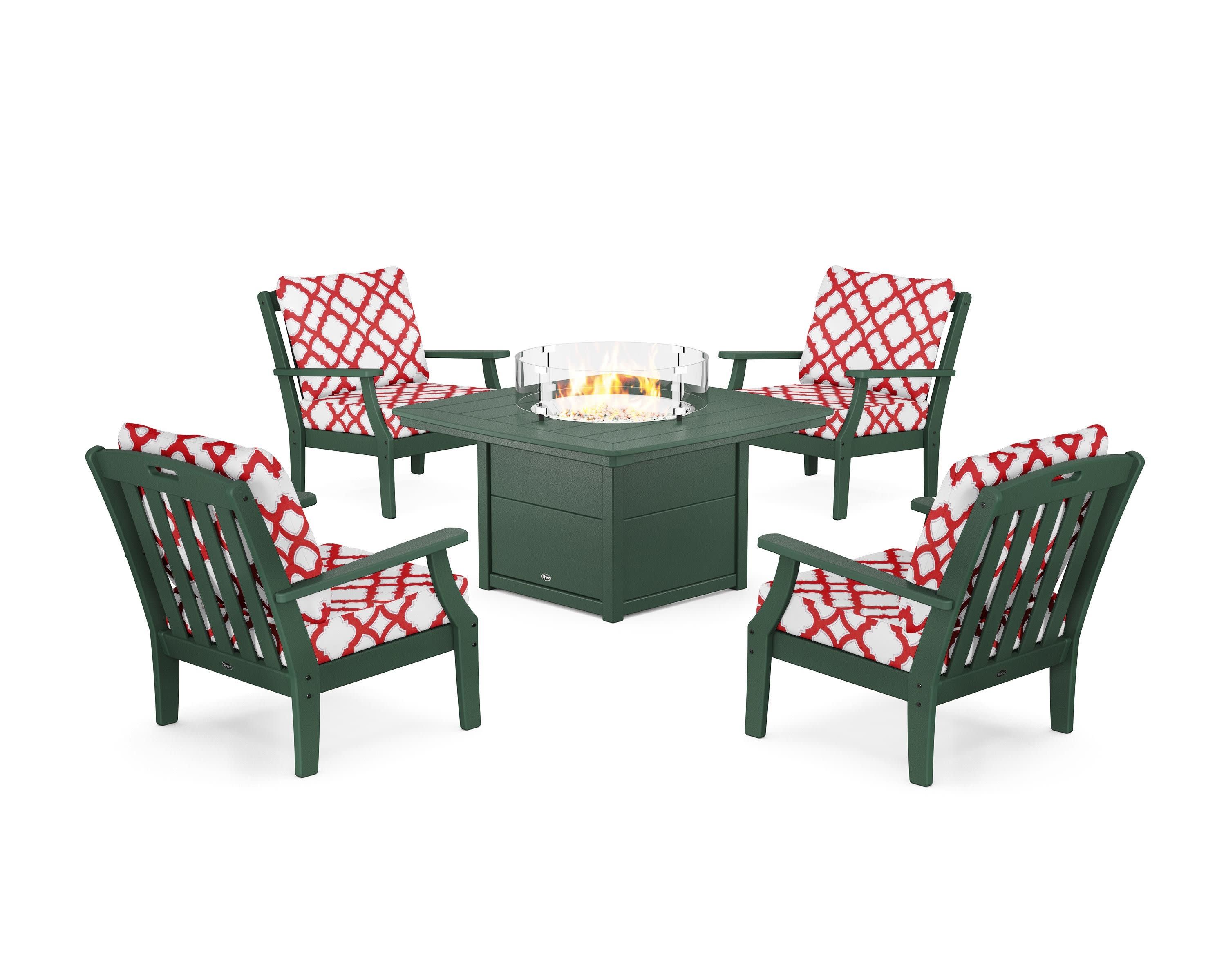 Yacht Club 5-Piece Deep Seating Set with Fire Pit Table in Rainforest Canopy / Trellis Crimson