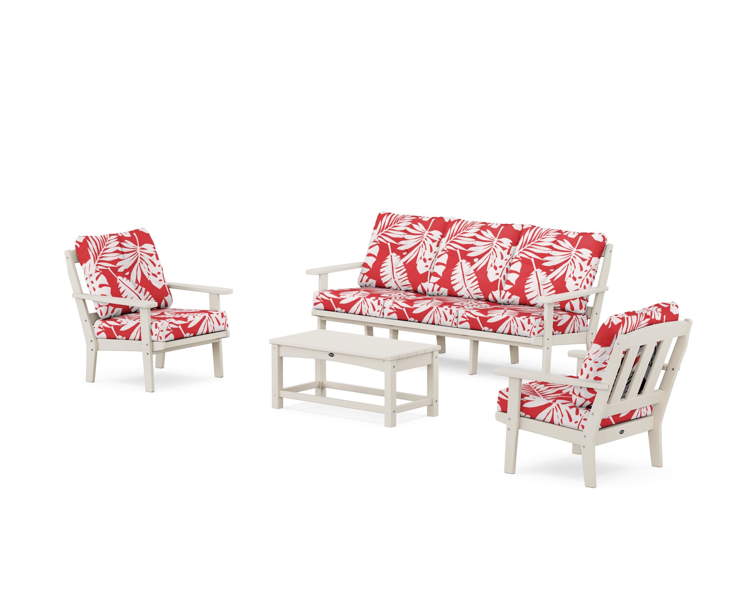 Cape Cod 4-Piece Deep Seating Set with Sofa in Sand Castle / Leaf Crimson