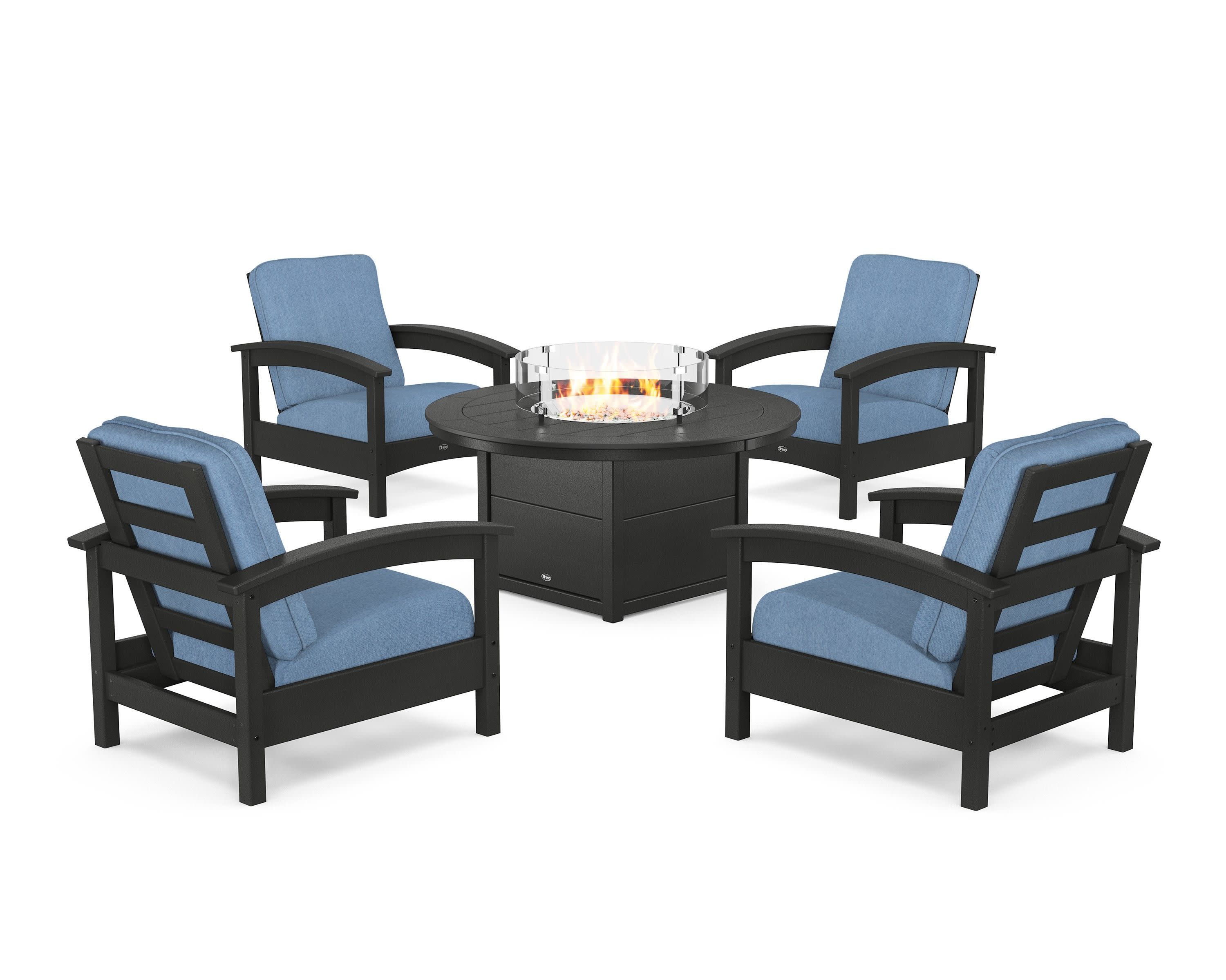 Rockport 5-Piece Deep Seating Set with Round Fire Pit Table in Charcoal Black / Sky Blue