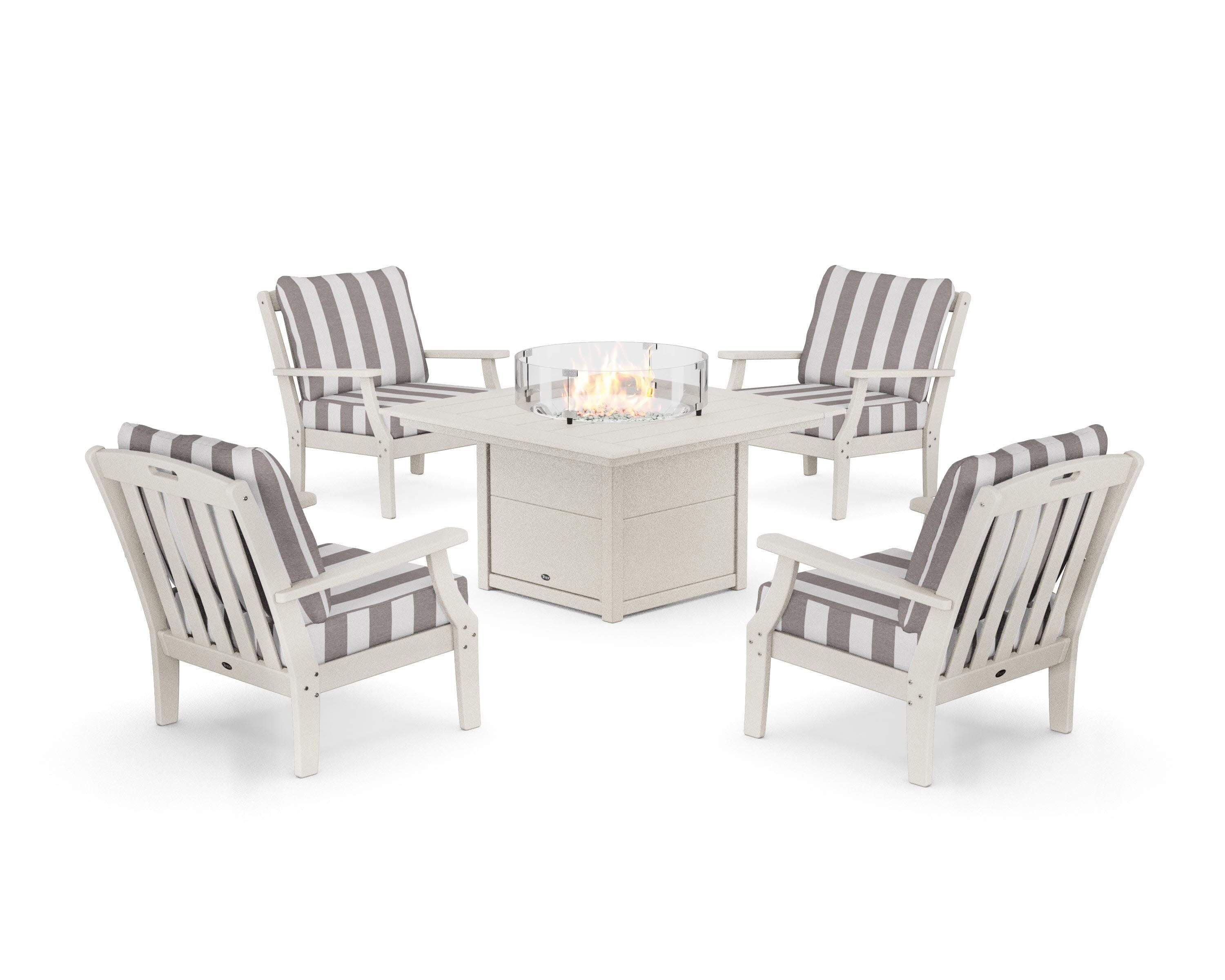 Yacht Club 5-Piece Deep Seating Set with Square Fire Pit Table in Sand Castle / Cabana Stripe Grey Mist