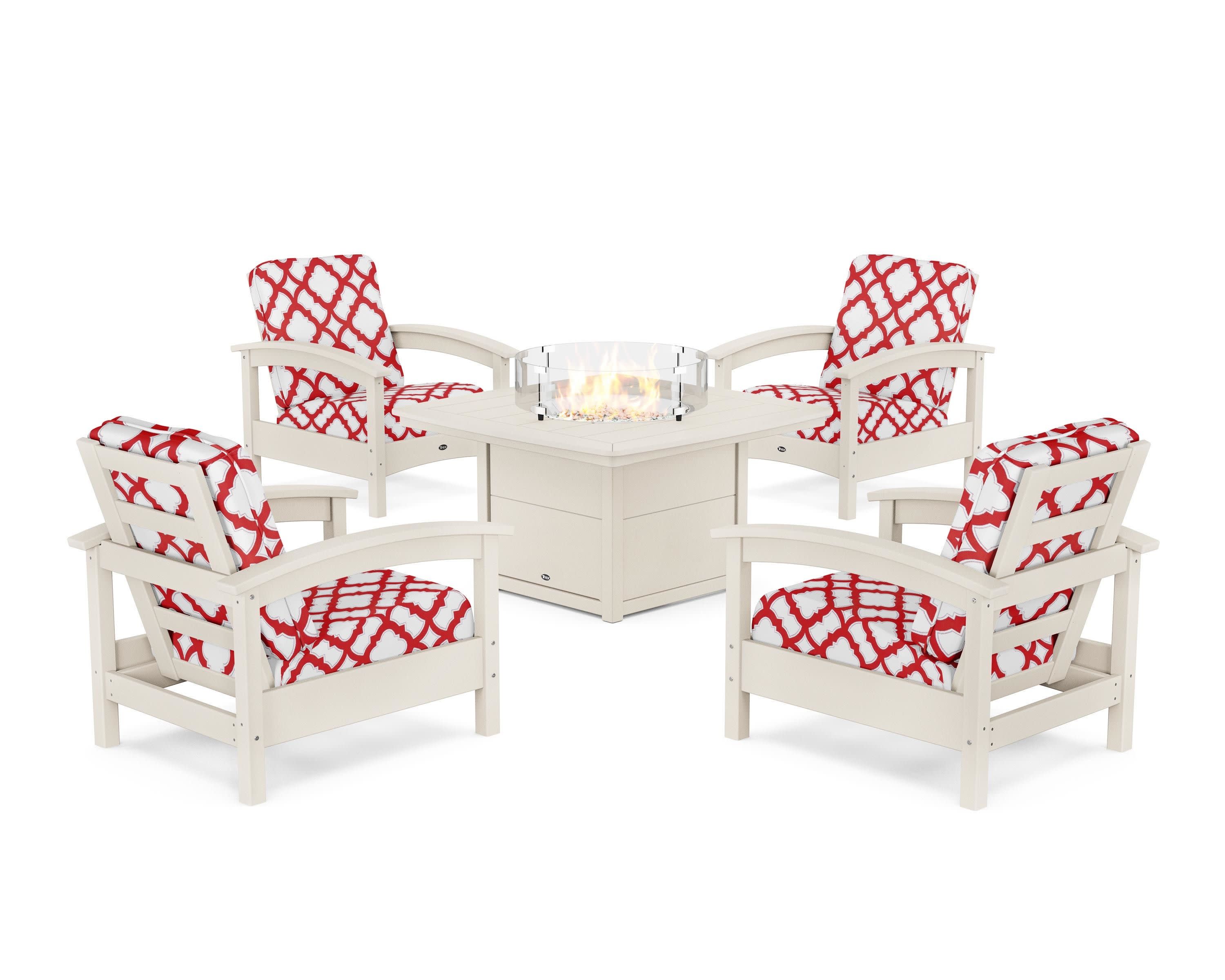 Rockport 5-Piece Deep Seating Set with Yacht Club Fire Pit Table in Sand Castle / Trellis Crimson