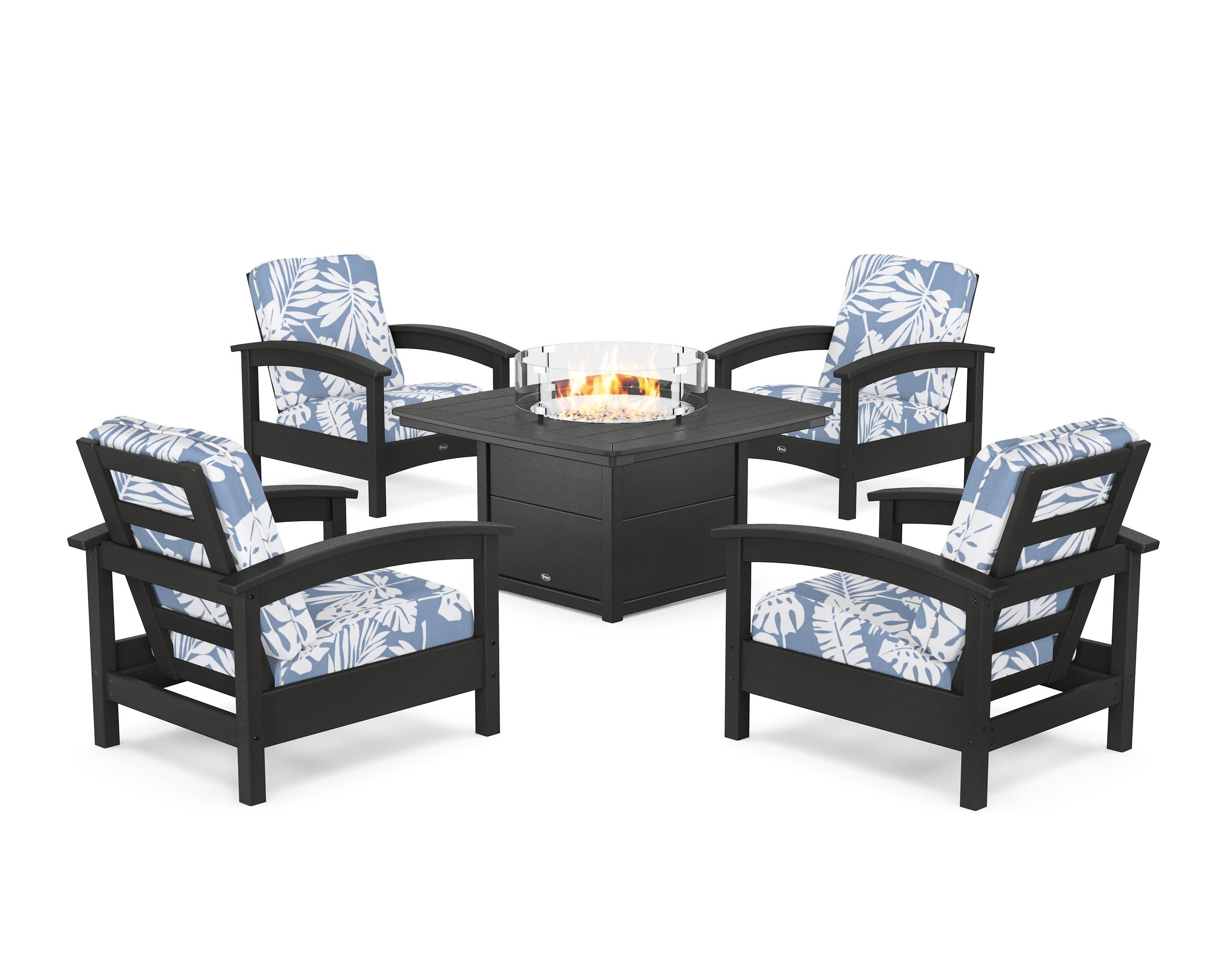 Rockport 5-Piece Deep Seating Set with Yacht Club Fire Pit Table in Charcoal Black / Leaf Sky Blue