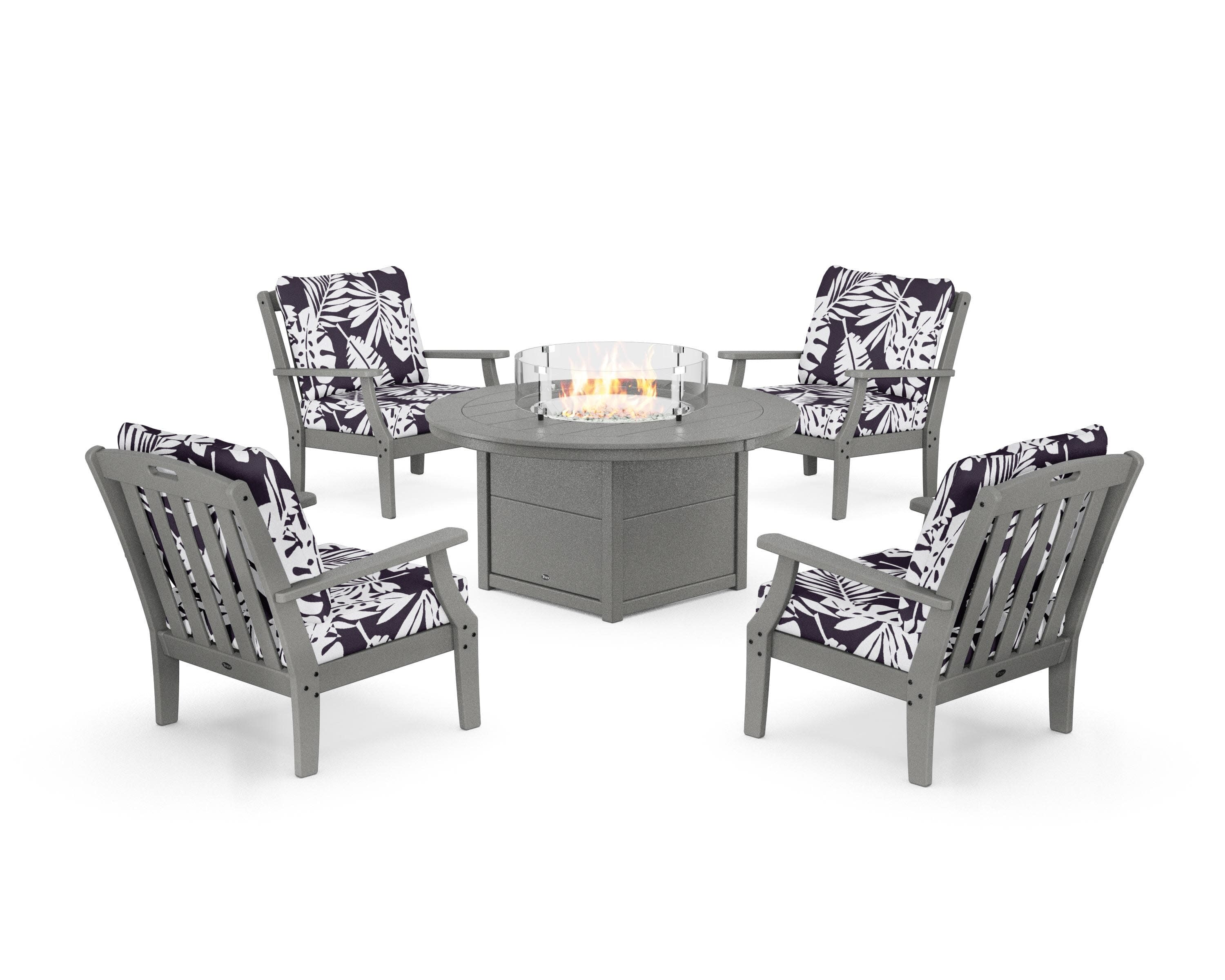 Yacht Club 5-Piece Deep Seating Set with Round Fire Pit Table in Stepping Stone / Leaf Navy
