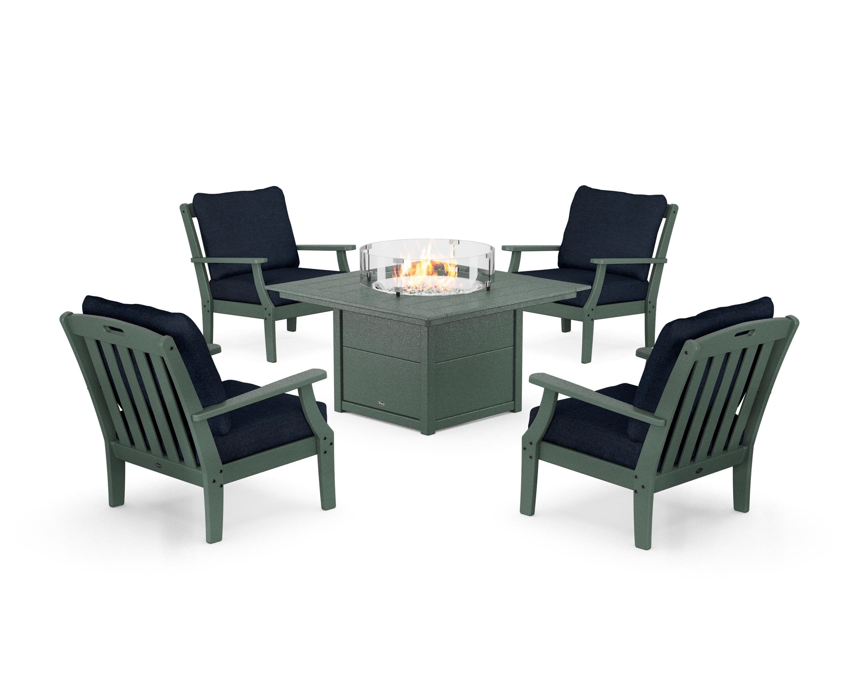 Yacht Club 5-Piece Deep Seating Set with Square Fire Pit Table in Rainforest Canopy / Marine Indigo