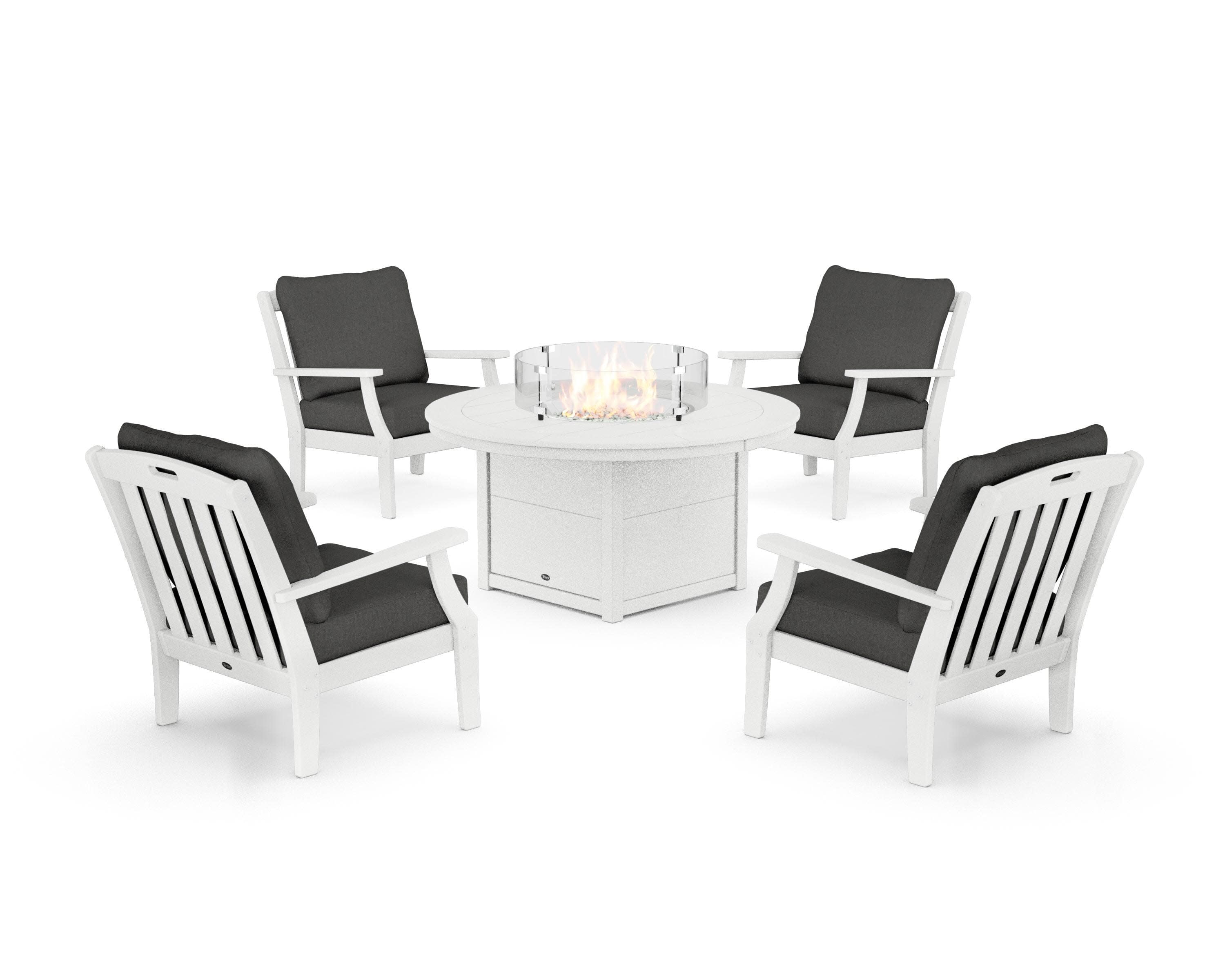 Yacht Club 5-Piece Deep Seating Set with Round Fire Pit Table in Classic White / Spectrum Carbon