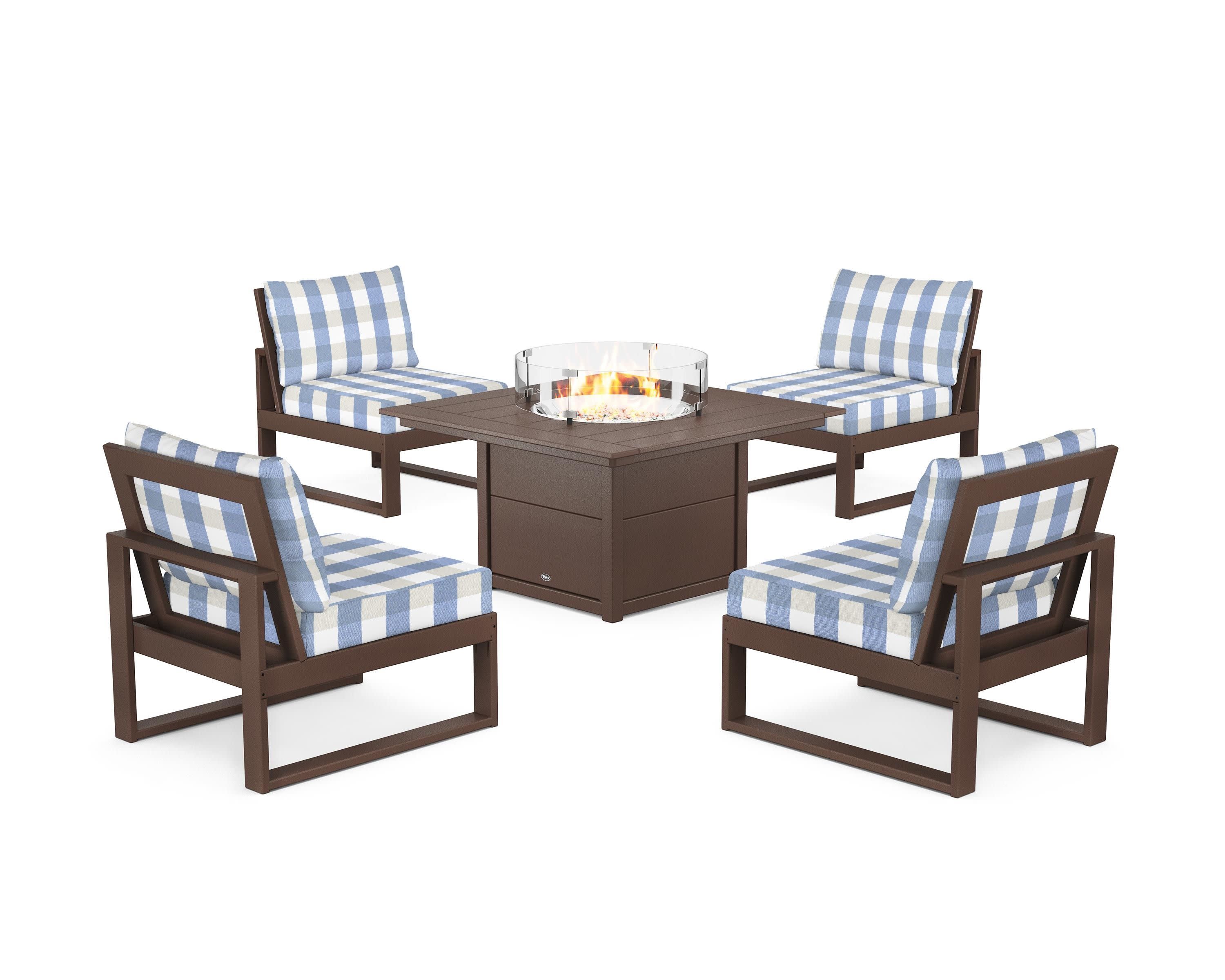 Eastport Modular 5-Piece Deep Seating Set with Square Fire Pit Table in Vintage Lantern / Buffalo Plaid Sky Blue