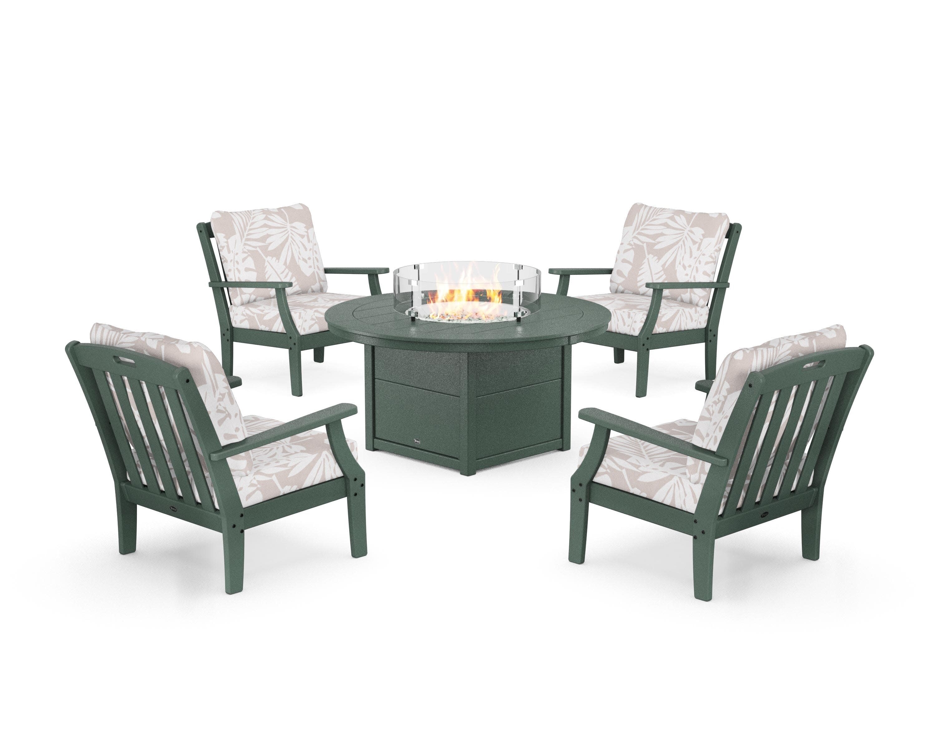 Yacht Club 5-Piece Deep Seating Set with Round Fire Pit Table in Rainforest Canopy / Leaf Dune Burlap