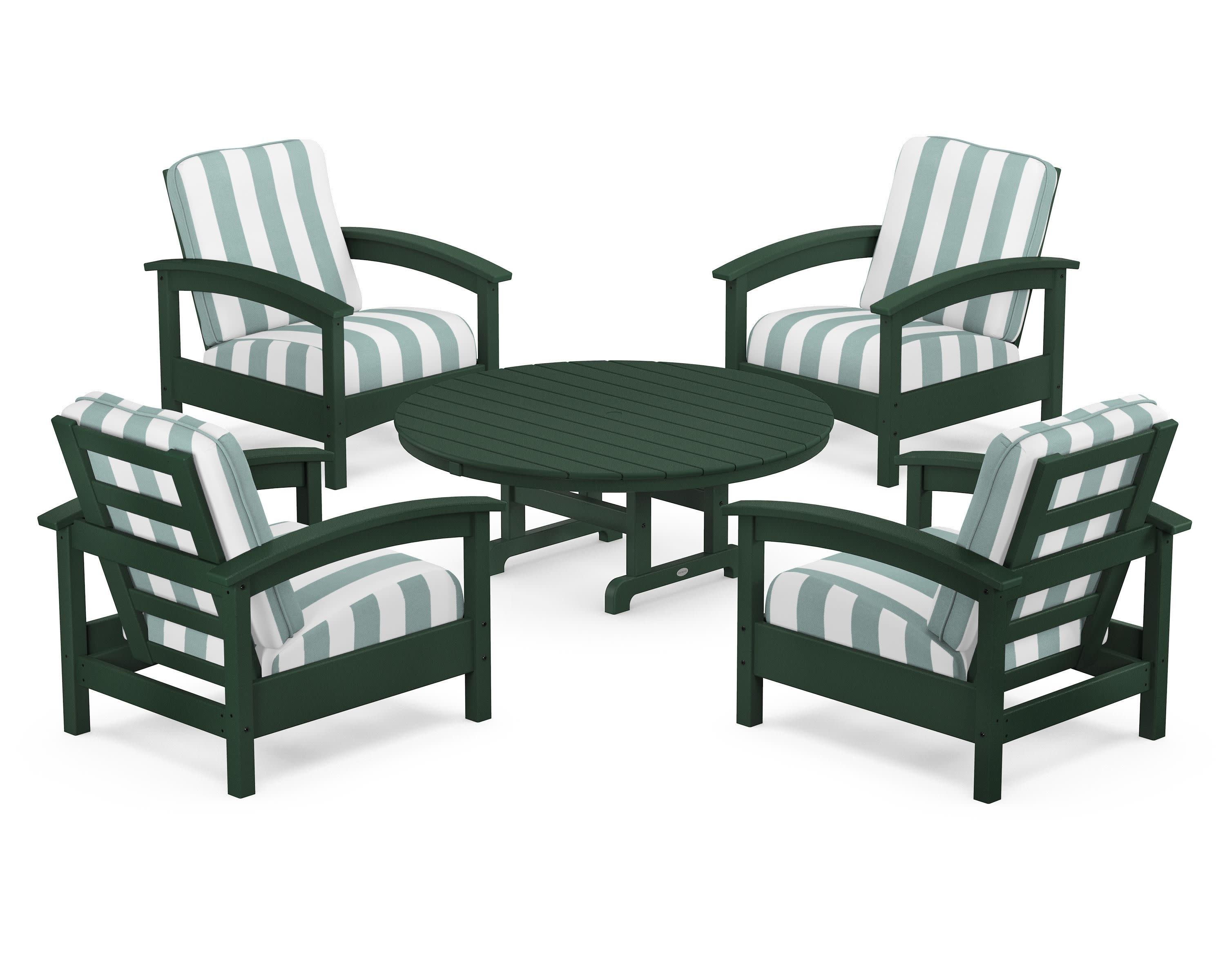 Rockport 5-Piece Deep Seating Set in Rainforest Canopy / Cabana Stripe Glacier Spa