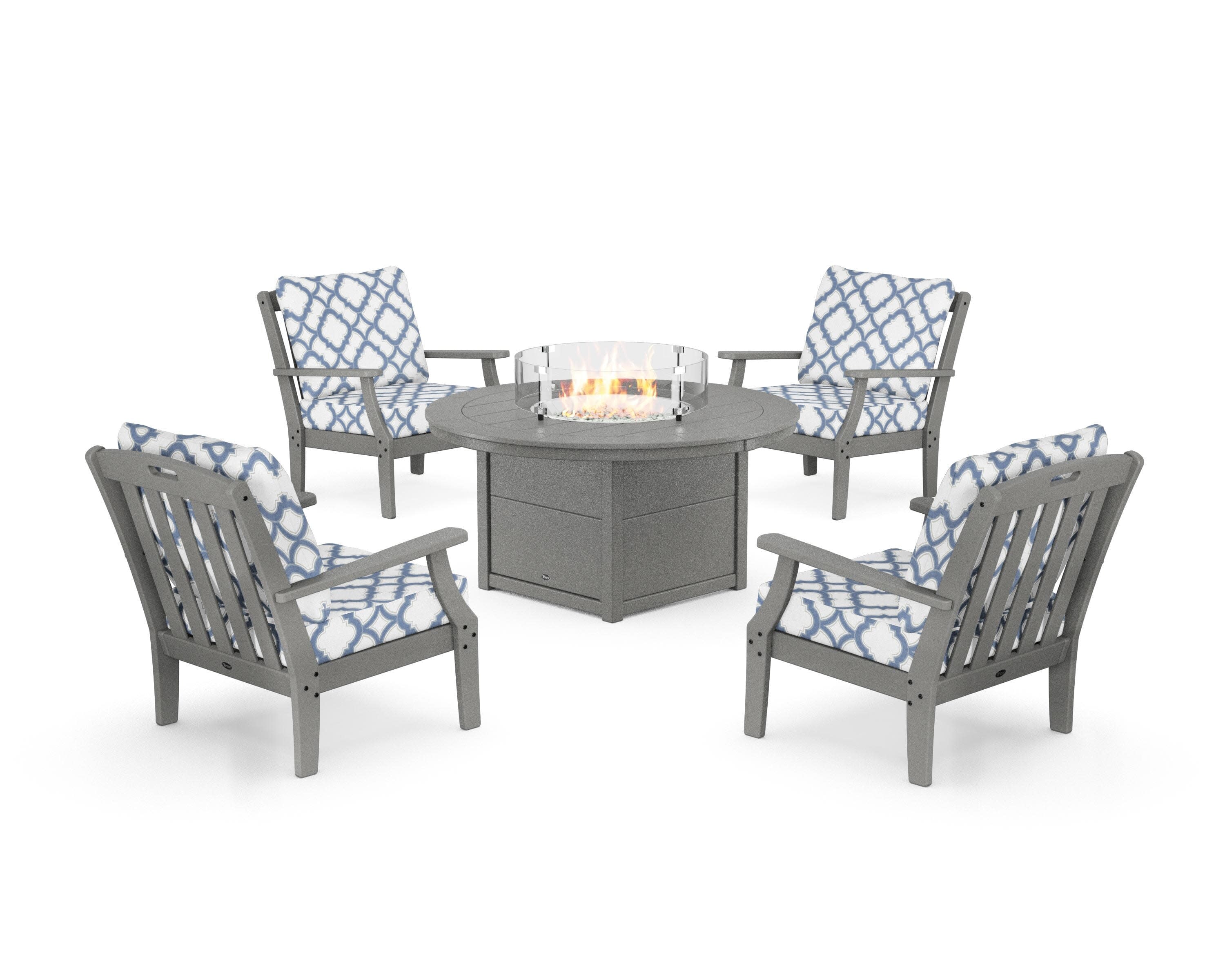 Yacht Club 5-Piece Deep Seating Set with Round Fire Pit Table in Stepping Stone / Trellis Sky Blue