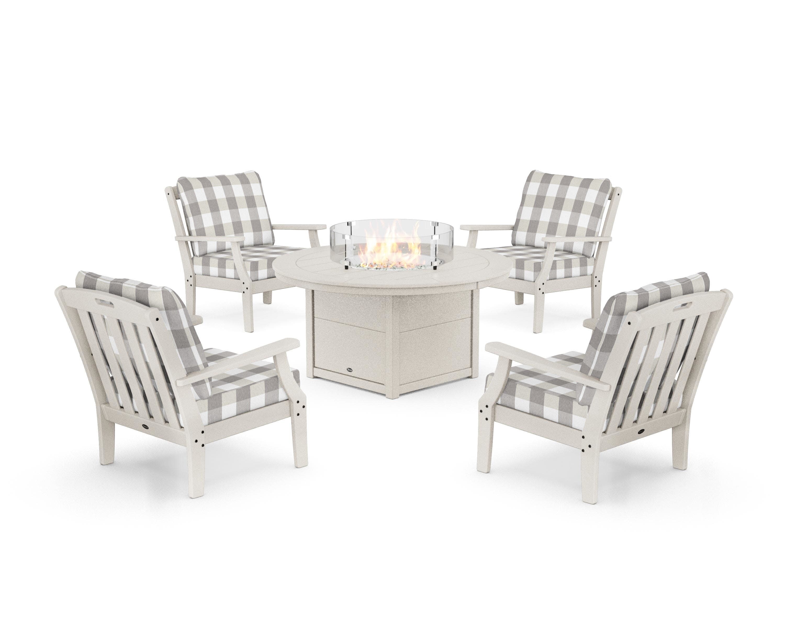 Yacht Club 5-Piece Deep Seating Set with Round Fire Pit Table in Sand Castle / Buffalo Plaid Grey Mist