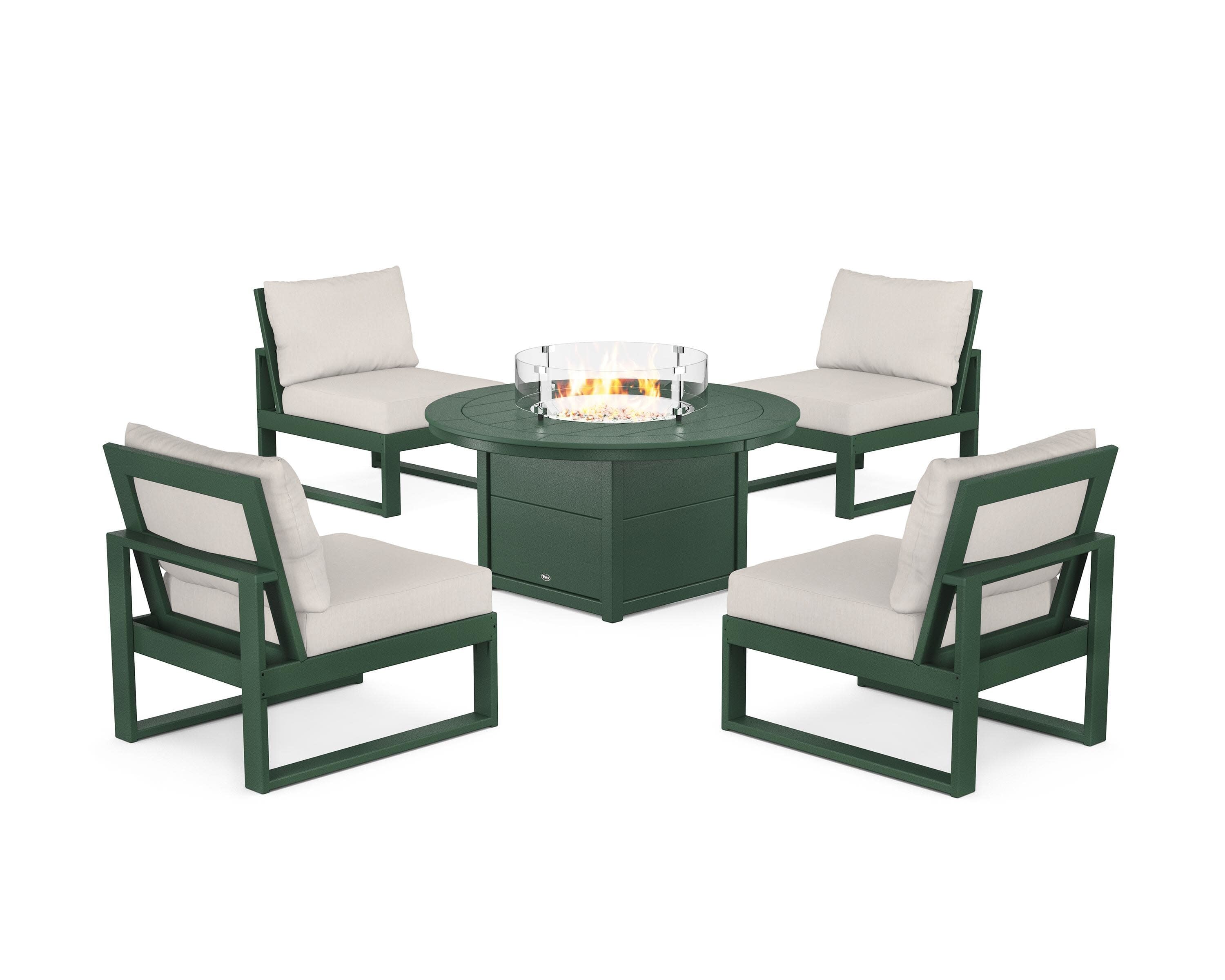 Eastport Modular 5-Piece Deep Seating Set with Round Fire Pit Table in Rainforest Canopy / Cast Ash