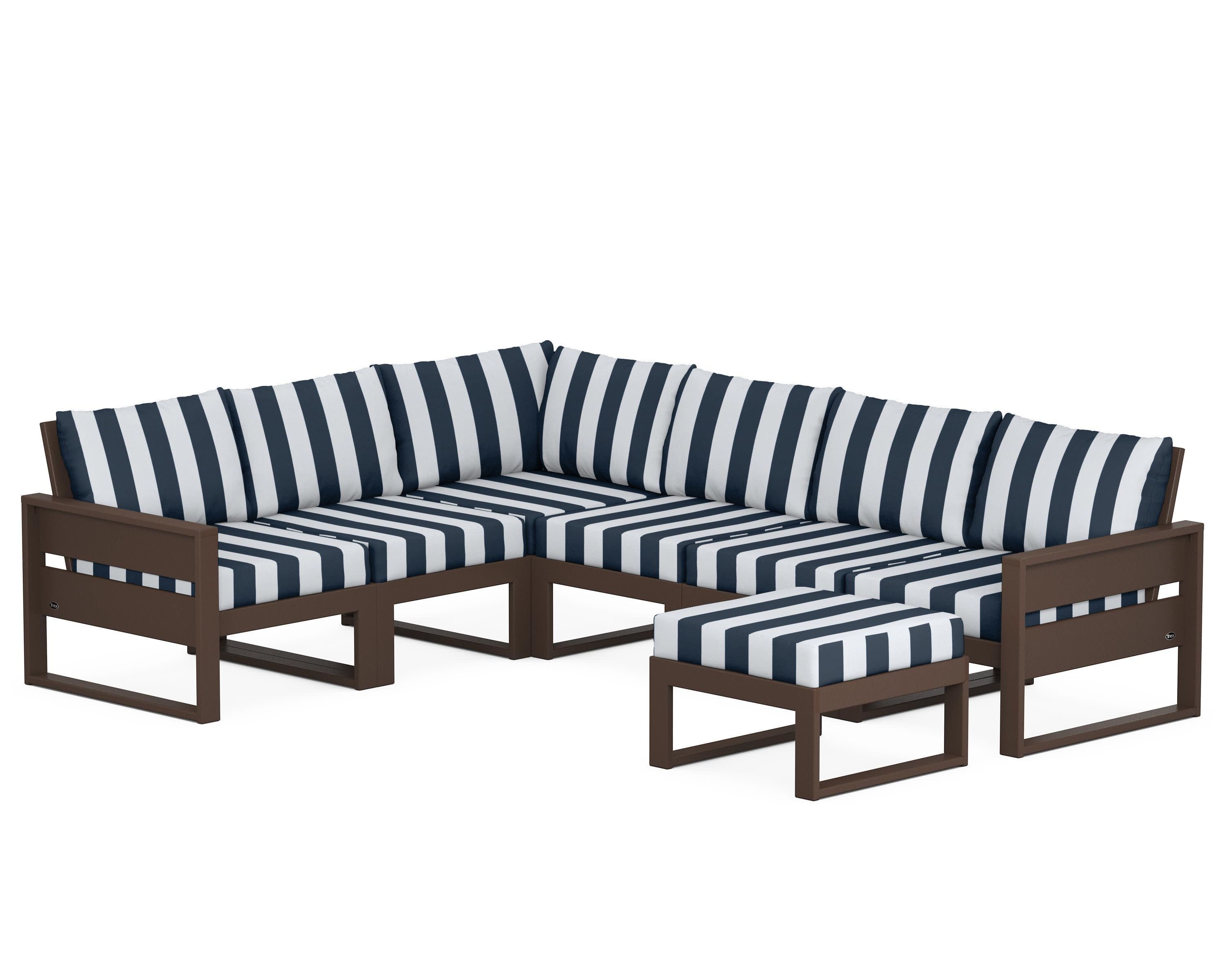 Eastport 6-Piece Sectional with Ottoman in Vintage Lantern / Cabana Stripe Marine Indigo