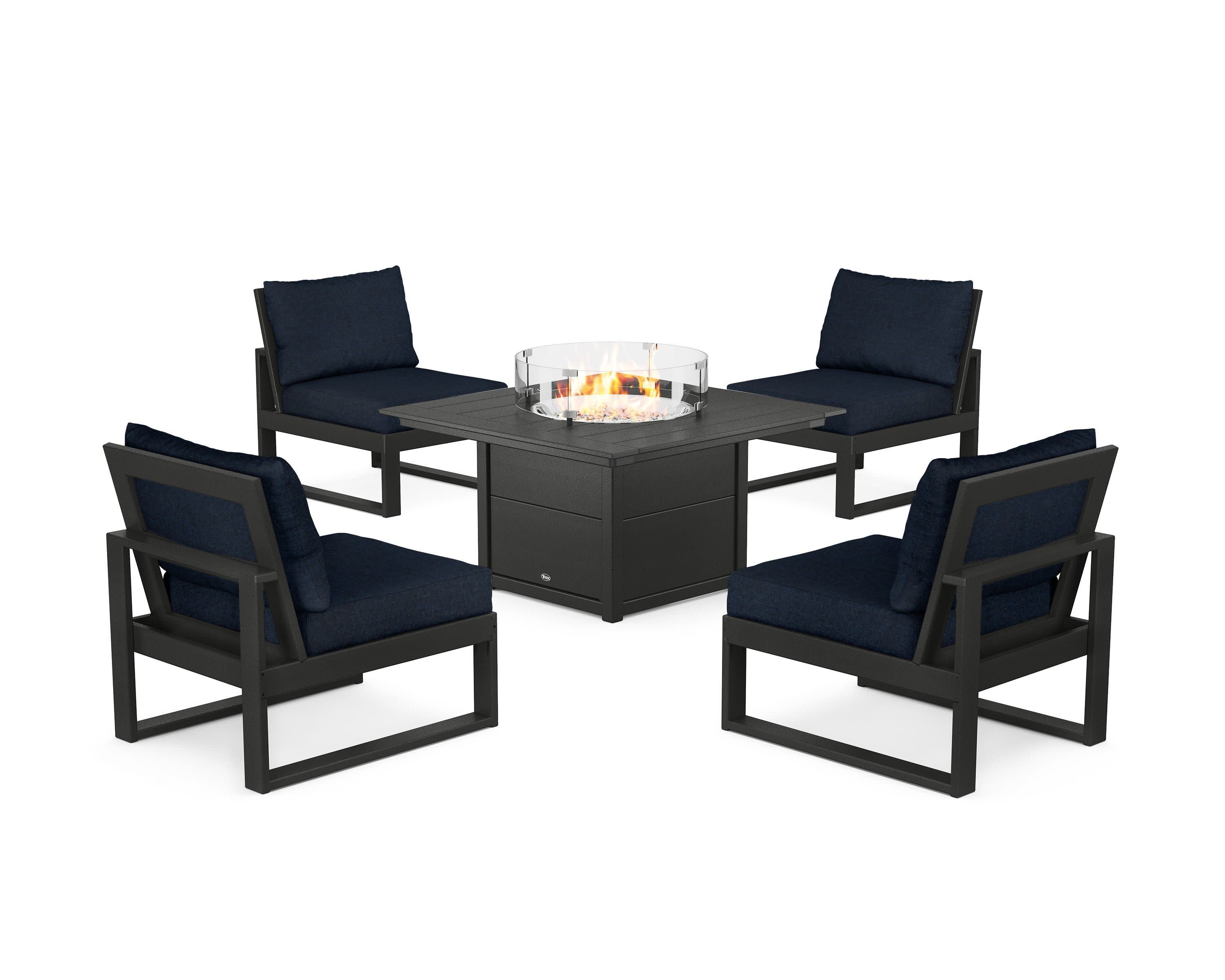 Eastport Modular 5-Piece Deep Seating Set with Square Fire Pit Table in Charcoal Black / Marine Indigo