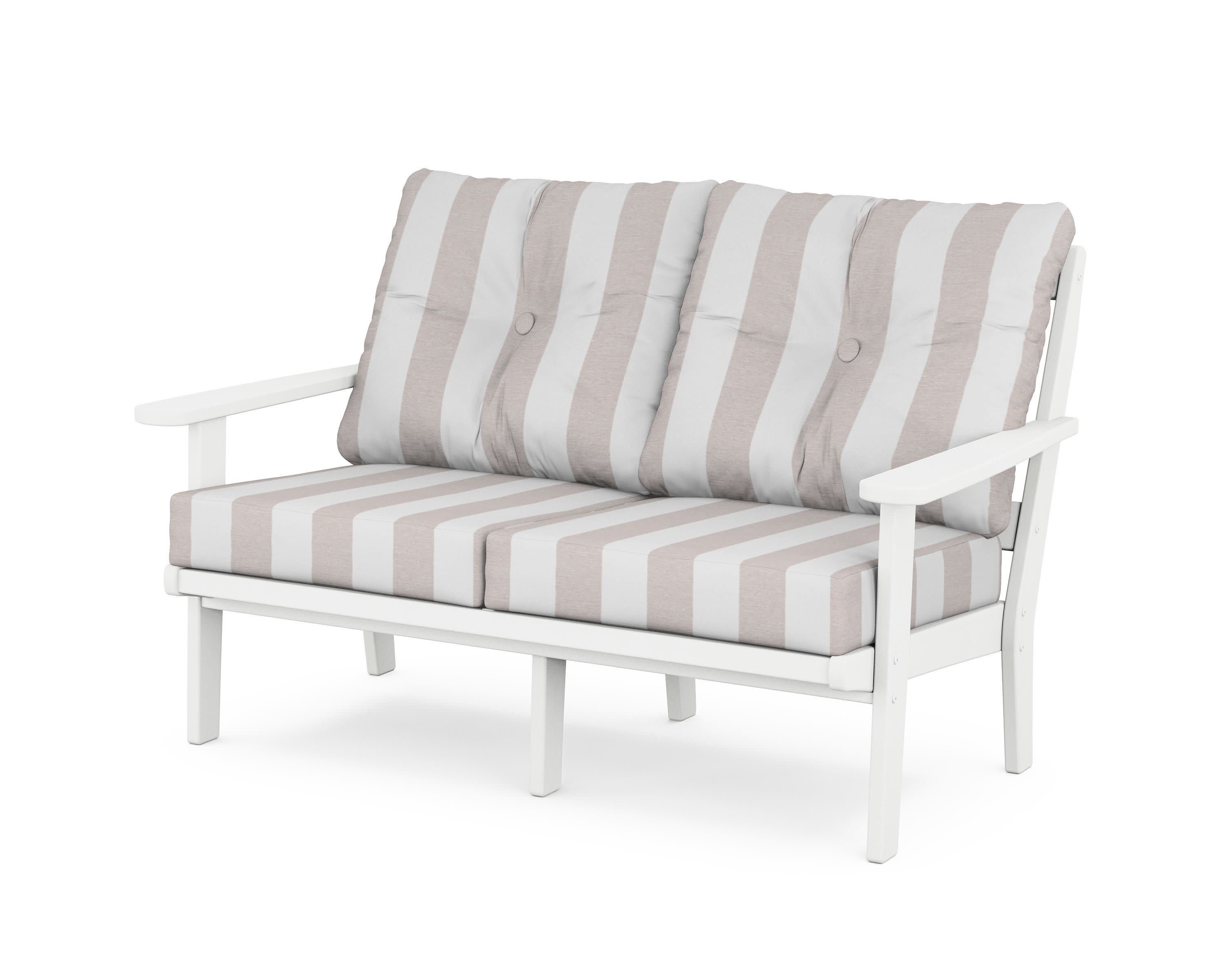 Cape Cod Deep Seating Loveseat in Classic White / Cabana Stripe Dune Burlap