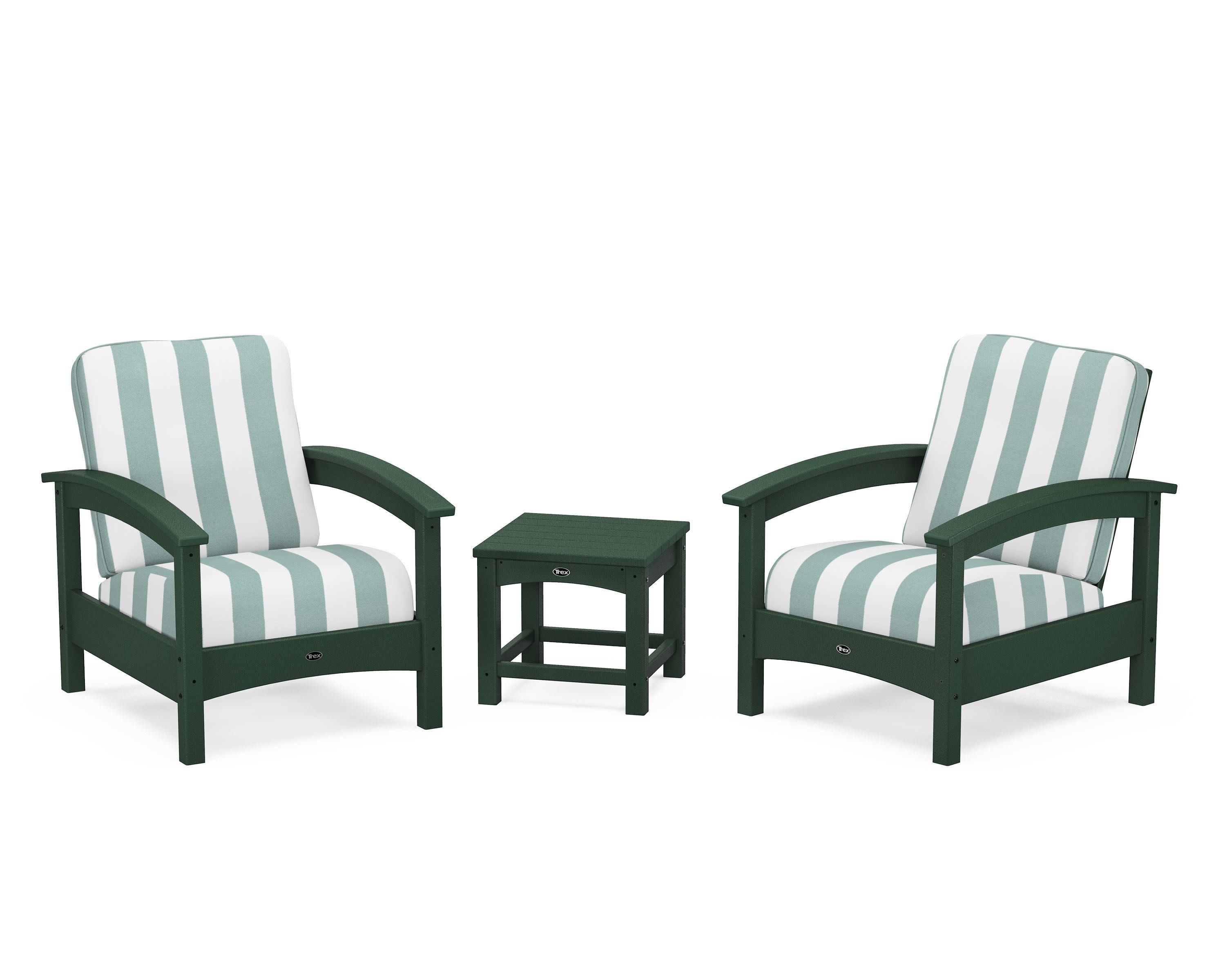 Rockport Club 3-Piece Deep Seating Conversation Set in Rainforest Canopy / Cabana Stripe Glacier Spa